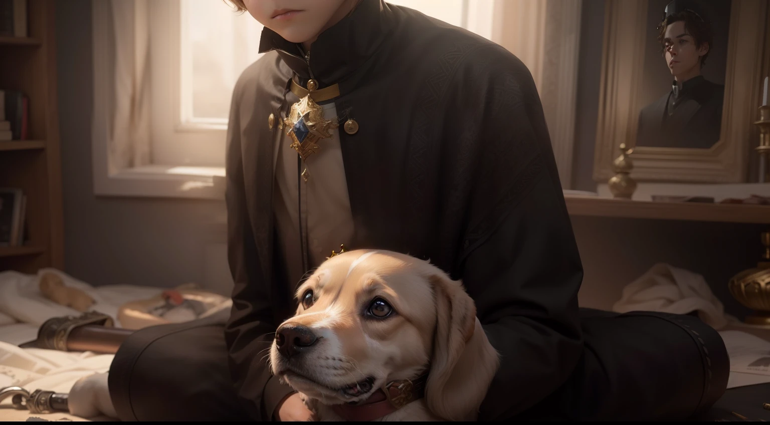 Put a crown on the boy and design the dog background also