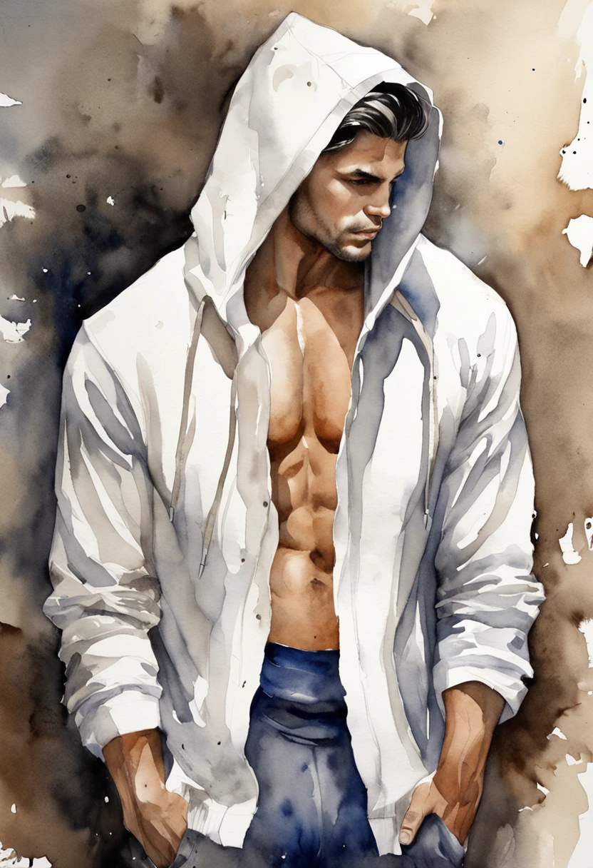 tall man, black hair with blonde highlights, wearing white plain hoodie, baggy pants, intense muscles, blue eyes, city