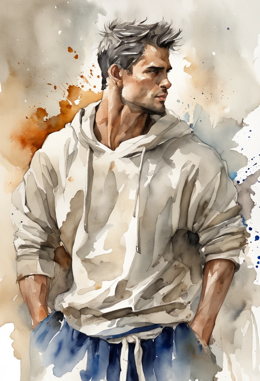 tall man, black hair with blonde highlights, wearing white plain hoodie, baggy pants, intense muscles, blue eyes, city