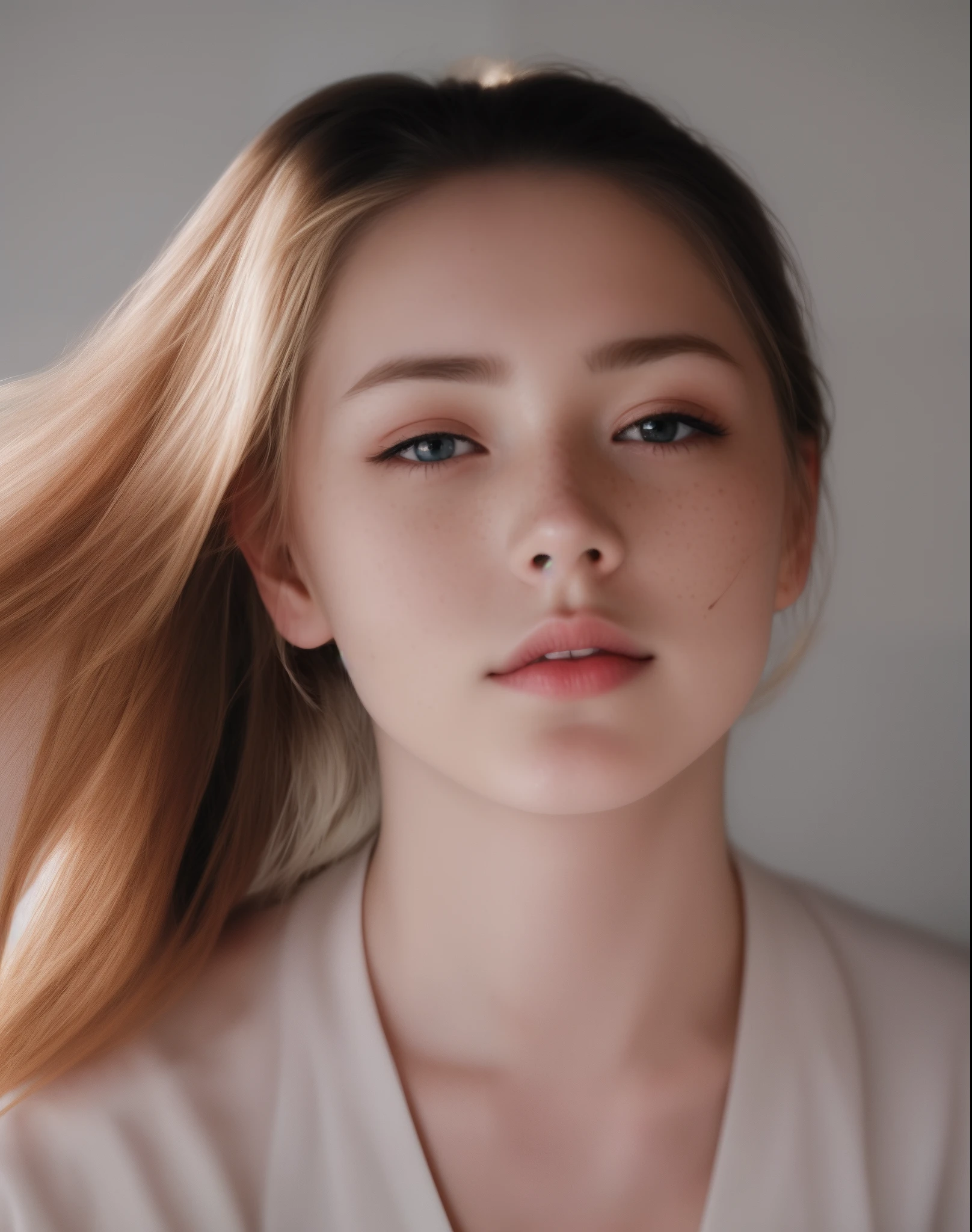 Blonde woman with freckles and freckles、Light falling on the face、young female face、color portrait、Women with freckles、woman's face looking off camera、pale skin with freckles,、young female face、young female face、infp young woman、Light cute freckles、freckled face、Soft portrait shots 8 k、Soft shadows on the face、zora々Shishi Face、light freckles,ars