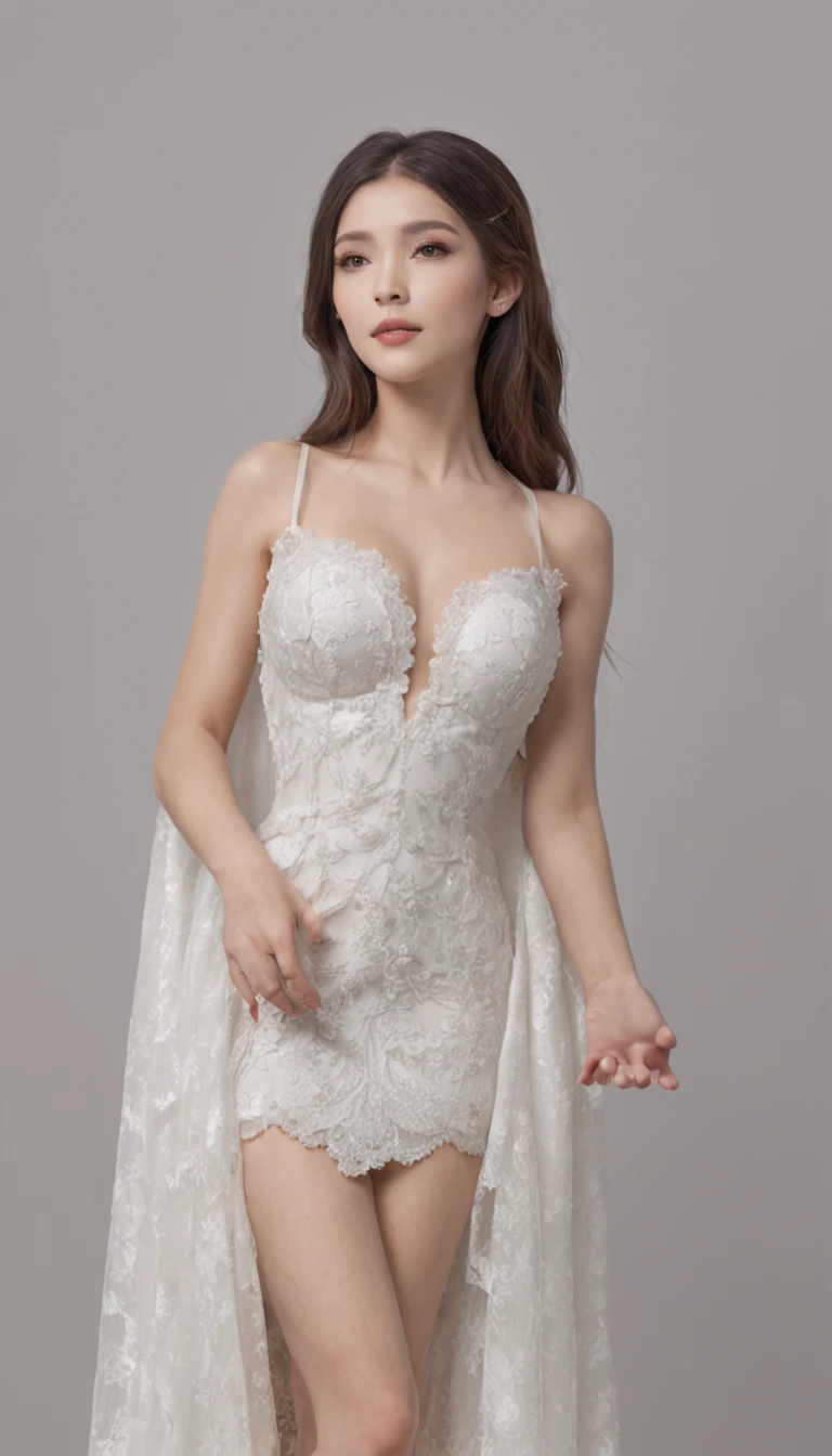 (professional 3d render:1.3) af (Realistic:1.3) most beautiful artwork photo in the world,tmasterpiece,best qualtiy,Private room photos,Star Girl,wedding photo,Full body photo of the front,No chest baring,Smaller breasts,No shoulders,No navel,show legs,black lence stockings,White heels,Horsetail hair,Black color hair,Seductive expressions,White wedding dress,Lace craftsmanship,Dignified temperament,still face,Full body photo,Private photos,Angel wings,Angel face,necklace gold,White jade bracelet,Silver-toned stud earrings,White cape