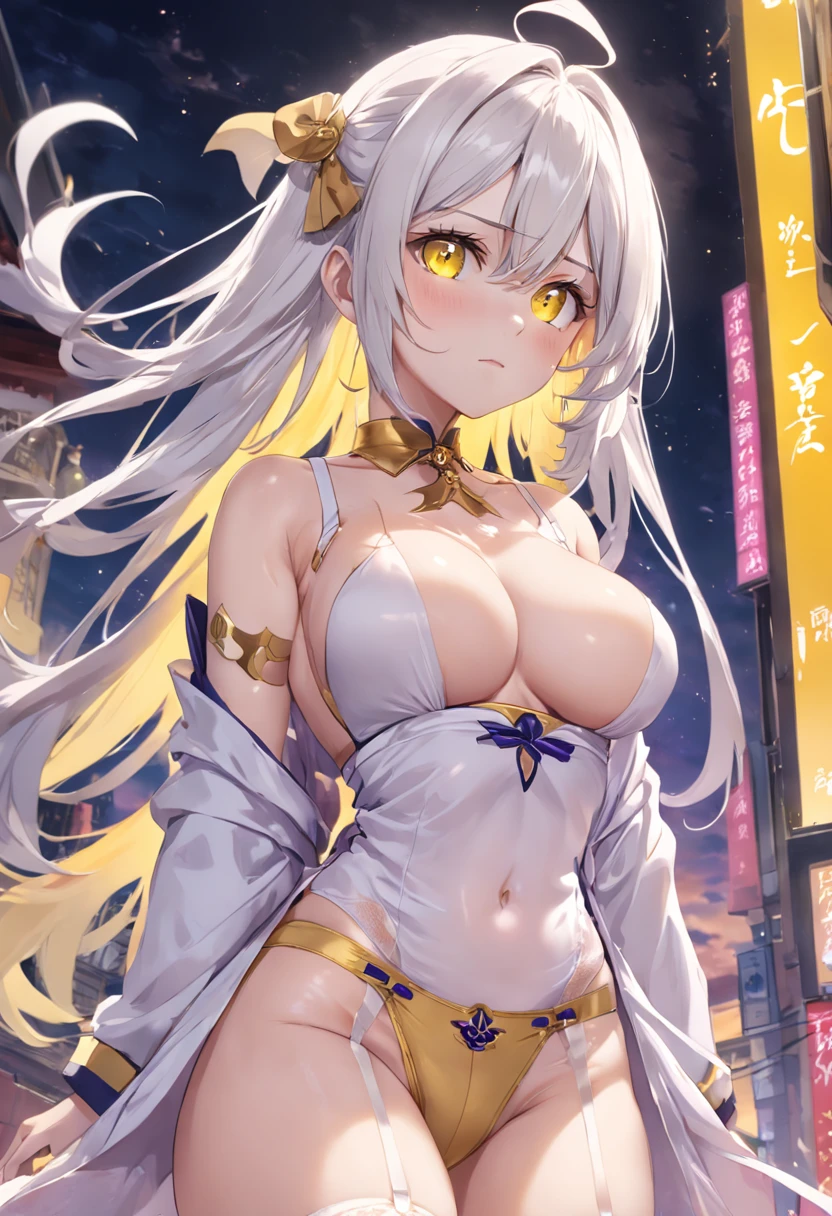 Yellow pupil，Lazy expression，Long white hair and white stockings，Gold and purple clothes，big breasts exposed cleavage， Tall，China-style，Sea of clouds