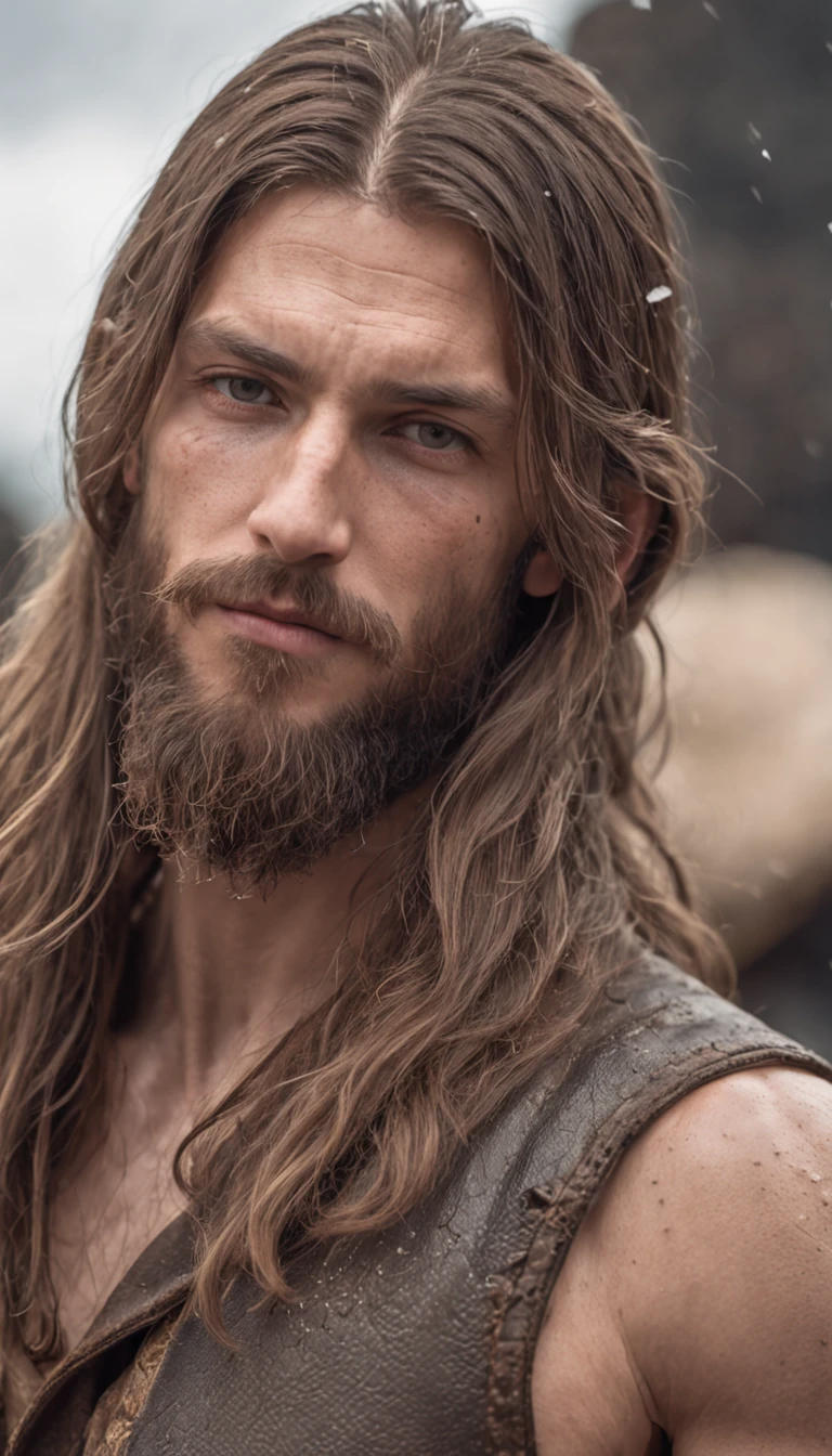 man long hair shaved on the side, stylish beard and woman long hair, golden eyes, kissing, vikings super strong, muscular, leather clothing, viking tattoos, a background village,falling snow, 35mm lens, photography, ultra details, precise texture details HDR, UHD,8K,