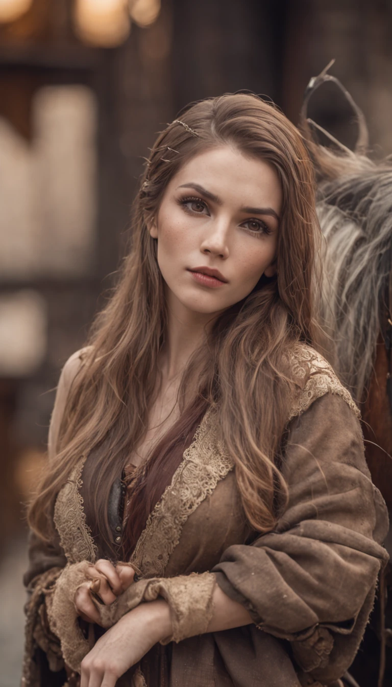 man long hair shaved on the side, stylish beard and woman long hair, golden eyes, kissing, vikings super strong, muscular, leather clothing, viking tattoos, a background village,falling snow, 35mm lens, photography, ultra details, precise texture details HDR, UHD,8K,