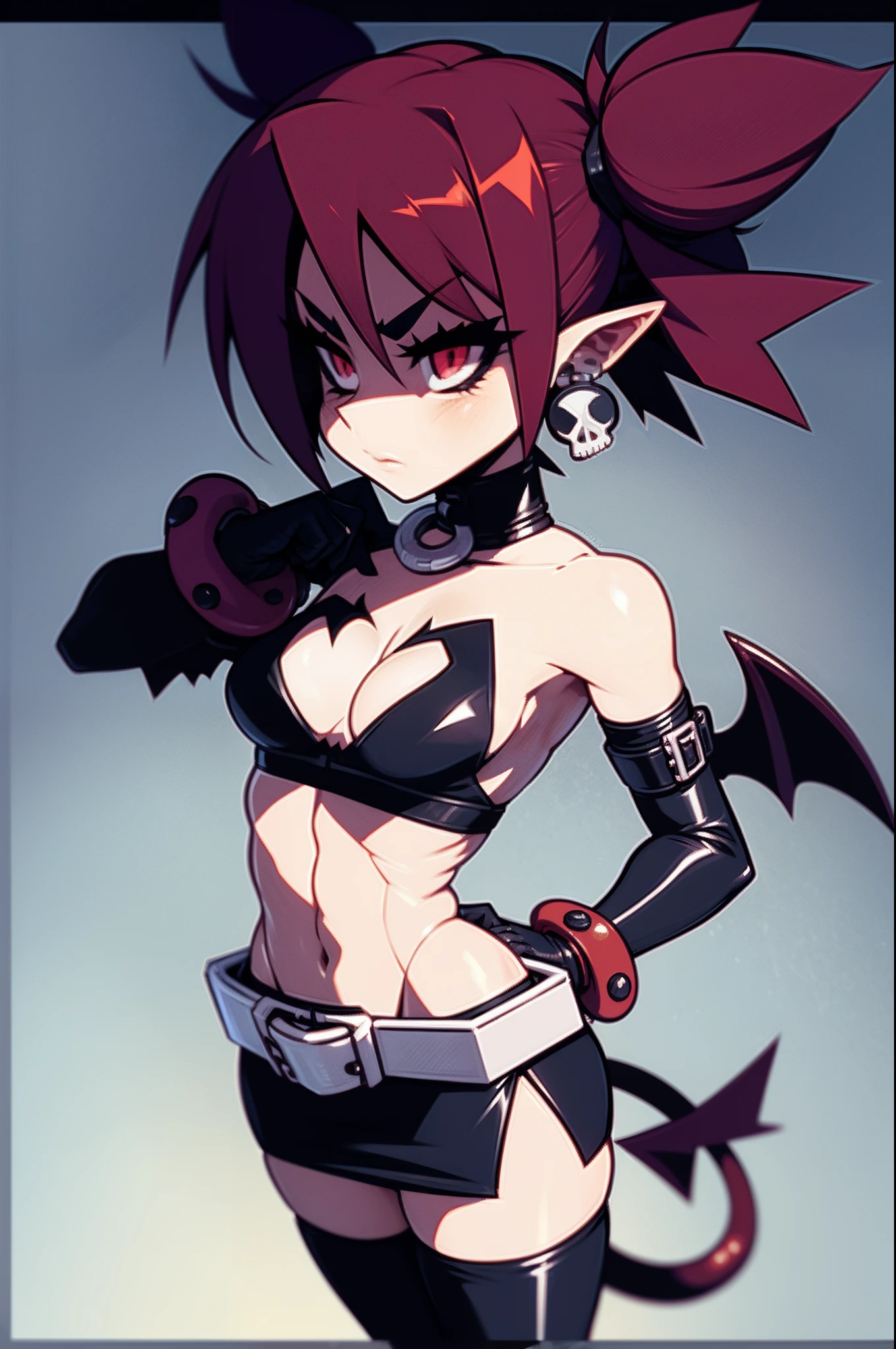 EtGear, gloves, jewelry, choker, thighhighs, black elbow gloves, belt , miniskirt , boots, bare shoulders, midriff, bra, skull earrings, small bat wings on upper back, demon tail, huge breast, tallgirl