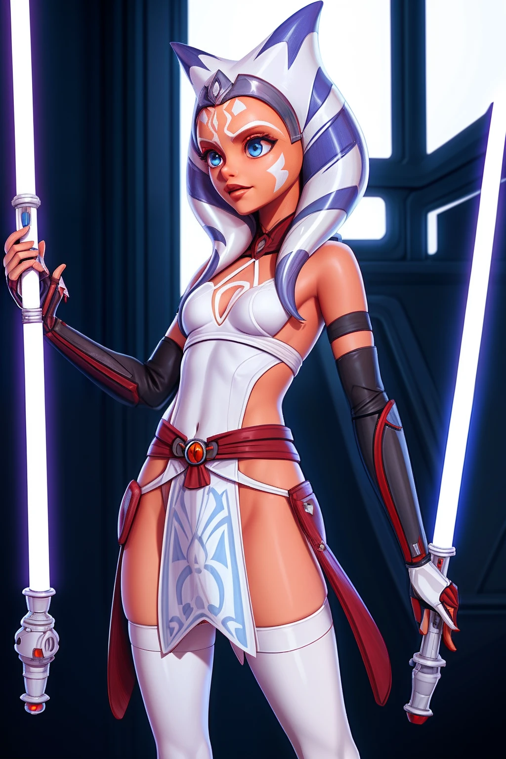 (master part), (best quality), (alta resolução) , (ray tracing),  Ahsoka Tano, Adolescente,anatomia perfeita , Roupas Padawan, calcinha vermelha, tampo do tubo, diafragma, minissaia, white pantyhose