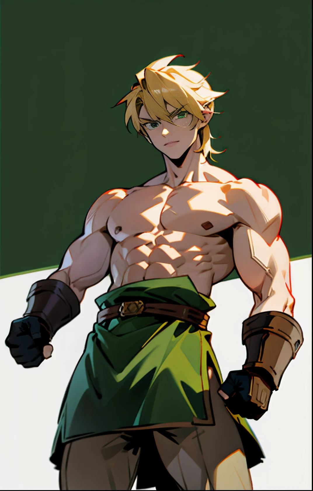 blond, tall, green-eyed guy, viking style, russian hero style, strong,  anime style, anime  , link, gloves, standing, muscular, topless , (muscular:0.1)(from above:0.4), plain background,(sport:0.2), (plain simple background:1.1),fists,(smiling:0.4)