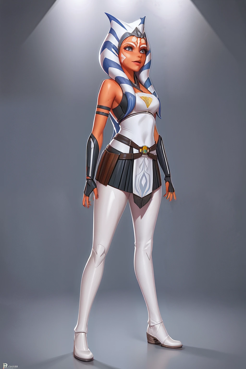 (master part), (best quality), (alta resolução) , (ray tracing),  Ahsoka Tano, Adolescente,anatomia perfeita , Roupas Padawan, calcinha vermelha, tampo do tubo, diafragma, minissaia, white pantyhose