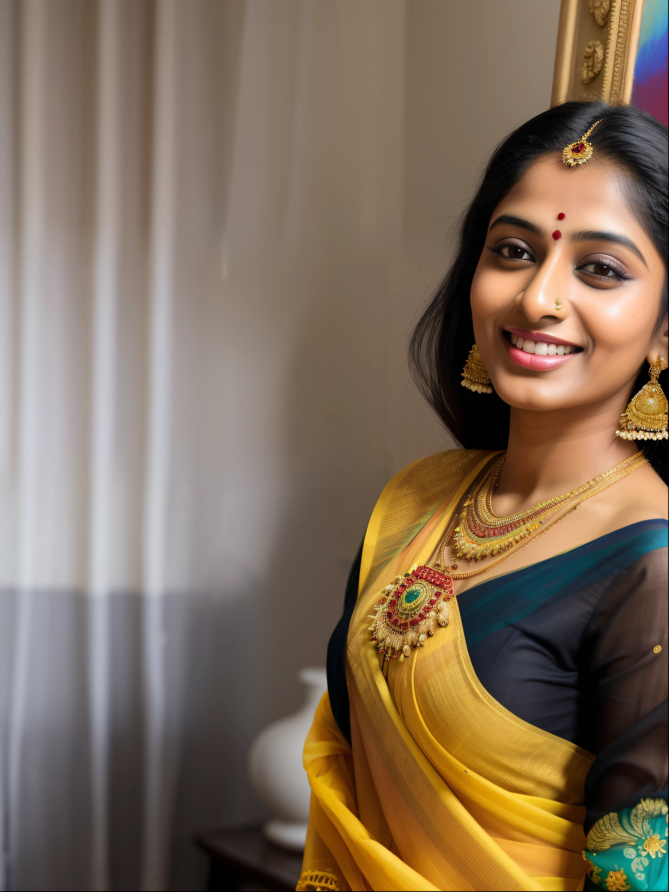 An indian female model of 25yo in a yellow sari poses for a picture, inspired by rajesh soni, with beautiful colors, inspired by Raja Ravi Varma, acrylic art, * colour splash *, with a beautifull smile, promo image, portrait photo of a backdrop, painting of beautiful, an aesthetic!, assamese aesthetic, fanart, big breast