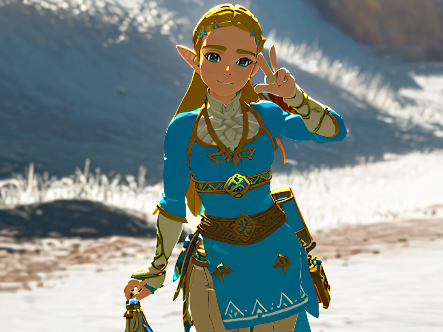 zelda botw outfit (best quality, masterpiece, RAW photo,ultra-detailed:1.2), 1girl,solo,looking at viewer, smiling, peace sign hand