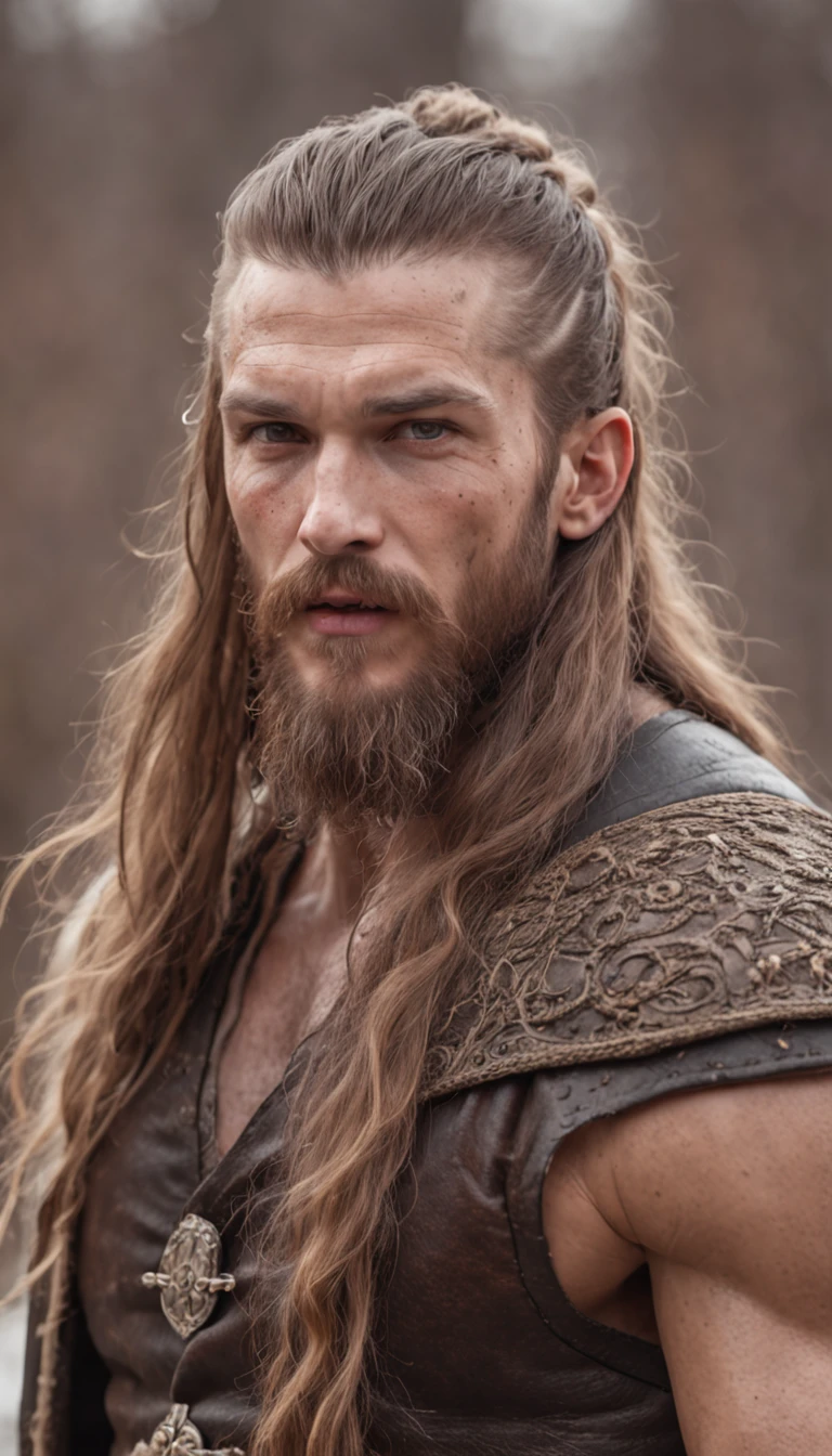 man long hair shaved on the side, stylish beard and woman long hair, golden eyes, shouting, vikings super strong, muscular, leather clothing, viking tattoos, a background village,falling snow, 35mm lens, photography, ultra details, precise texture details HDR, UHD,64K,