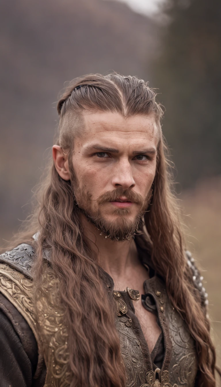 man long hair shaved on the side, stylish beard and woman long hair, golden eyes, shouting, vikings super strong, muscular, leather clothing, viking tattoos, a background village,falling snow, 35mm lens, photography, ultra details, precise texture details HDR, UHD,64K,