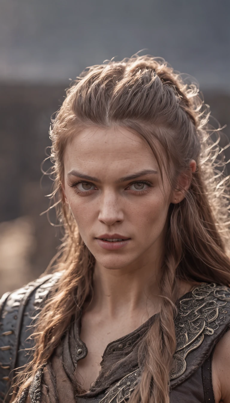 man long hair shaved on the side, stylish beard and woman long hair, golden eyes, shouting, vikings super strong, muscular, leather clothing, viking tattoos, a background village,falling snow, 35mm lens, photography, ultra details, precise texture details HDR, UHD,64K,