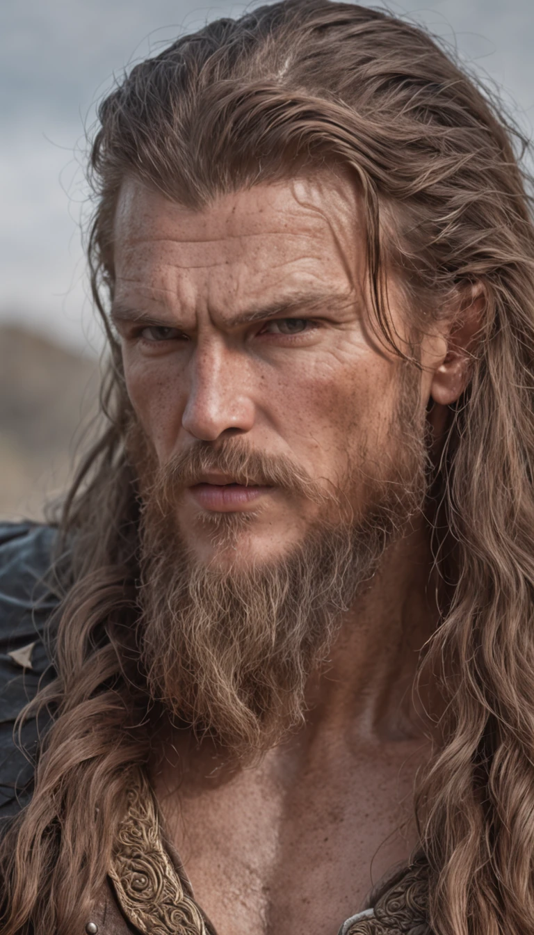 raw photo, fierce Viking man, portrait, fashion photography, embodying bravery and resilience in a rugged landscape, (random background), depth of field