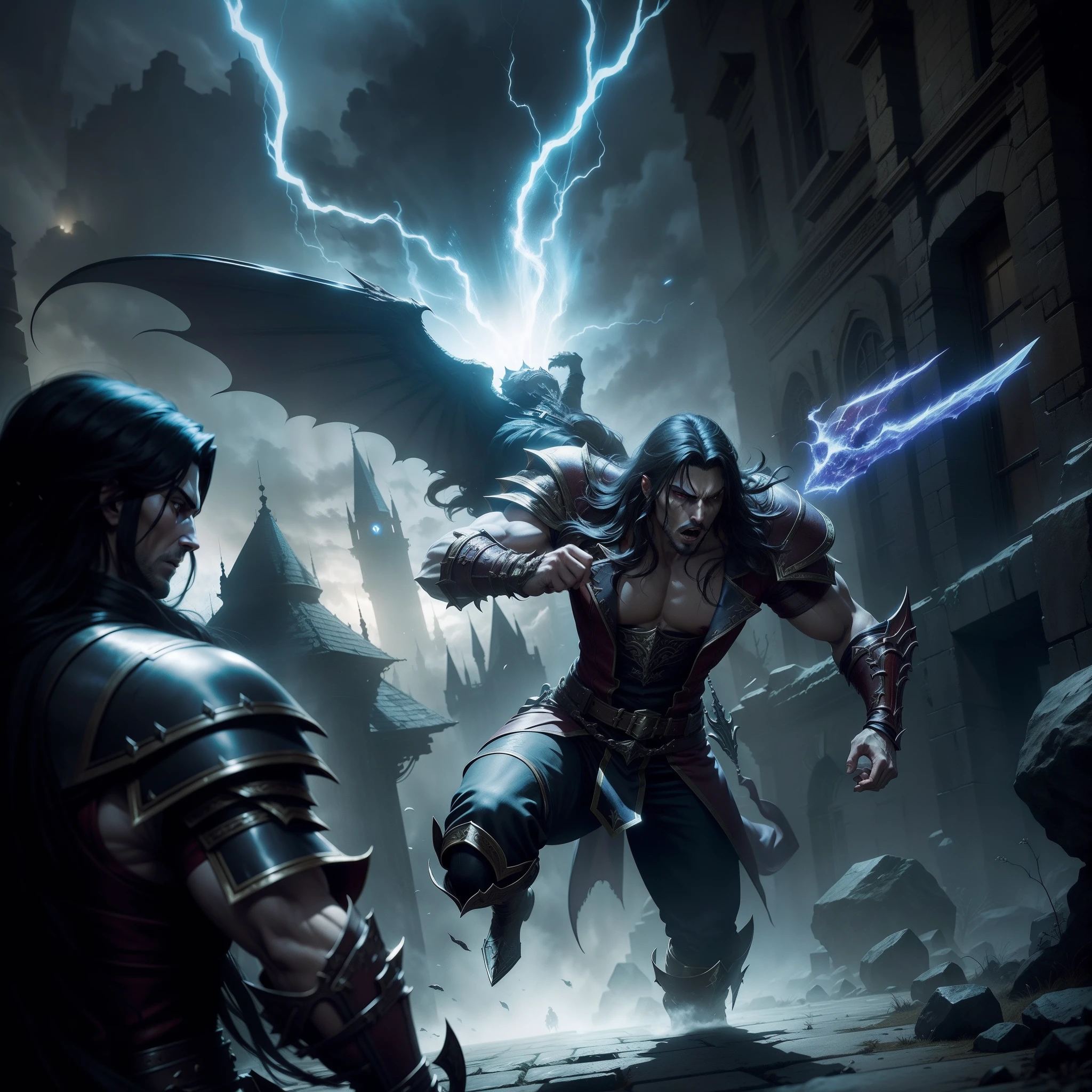 scene inspired by Castlevania: Lords of Shadow, featuring an epic battle between a valiant hero and a formidable supernatural creature. Capture the intense action, dynamic movement, and atmospheric setting that characterize the game. Let the masterful use of light and shadow enhance the drama of this clash, making it an unforgettable masterpiece
