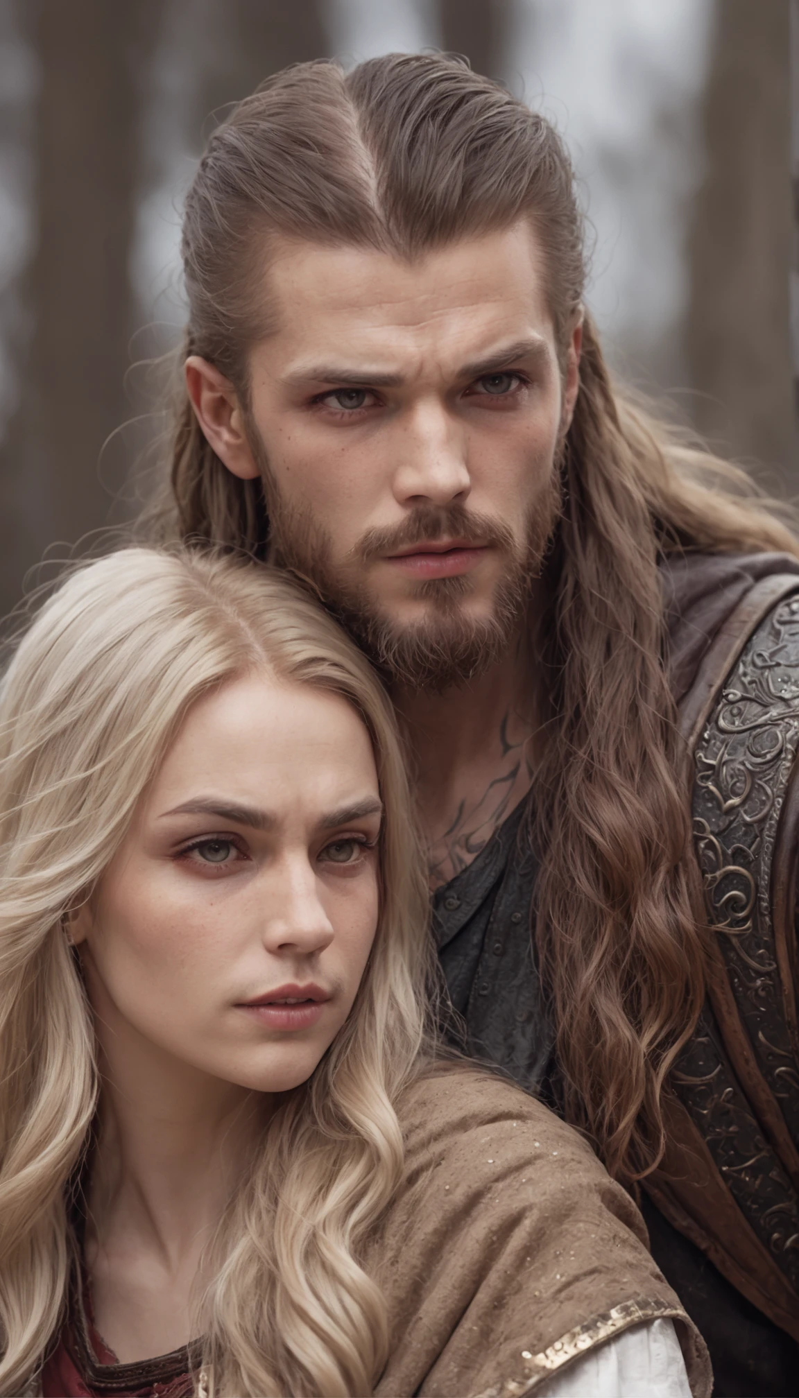 man long hair shaved on the side, stylish beard and woman long hair, golden eyes, kissing, vikings super strong, muscular, leather clothing, viking tattoos, a background village,falling snow, 35mm lens, photography, ultra details, precise texture details HDR, UHD,8K,
