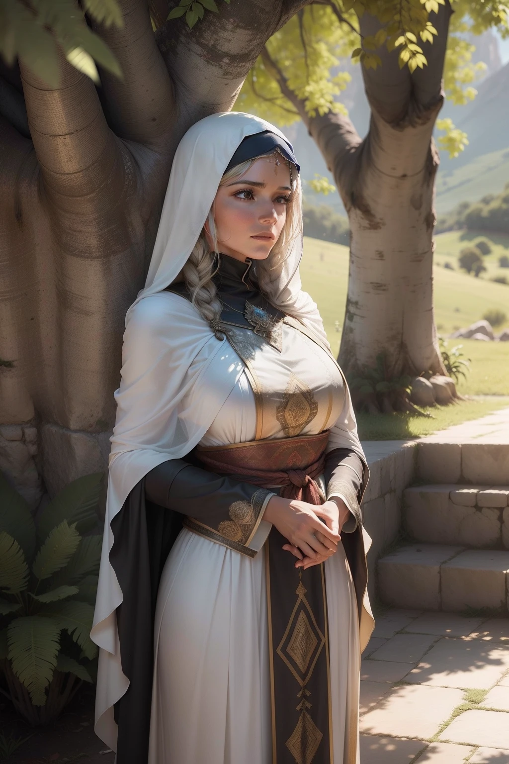 Gere uma imagem realista, with cinematic lighting, 4k, which depicts the scene of Deborah receiving a visit from a warrior man, sentada sob a palmeira, Detalhe sua vestimenta, respecting the context of the time. She must wear costumes typical of the culture of the time, like a long cloak and a modest veil. The surrounding landscape should reflect the mountainous region of Ephraim, com a palmeira oferecendo sombra generosa. As montanhas e colinas distantes devem completar o plano de fundo, creating a tranquil and secluded environment where Deborah hears the stories and issues of the people of Israel in the soft sunlight. Transmita a serenidade do momento, highlighting the importance of the tree as a place of wisdom and discernment.