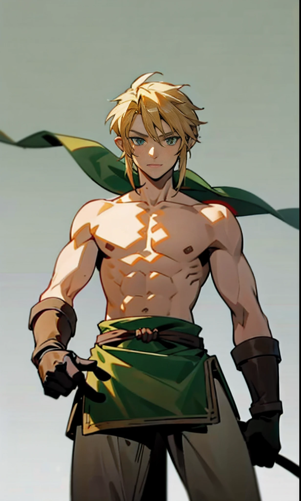 blond, tall, green-eyed guy, viking style, russian hero style, strong, anime style, anime , link, gloves, standing, topless , (muscular:0.5)(from above:0.4), plain background,(sport:0.2), (plain simple background:1.1),(smiling:0.4)