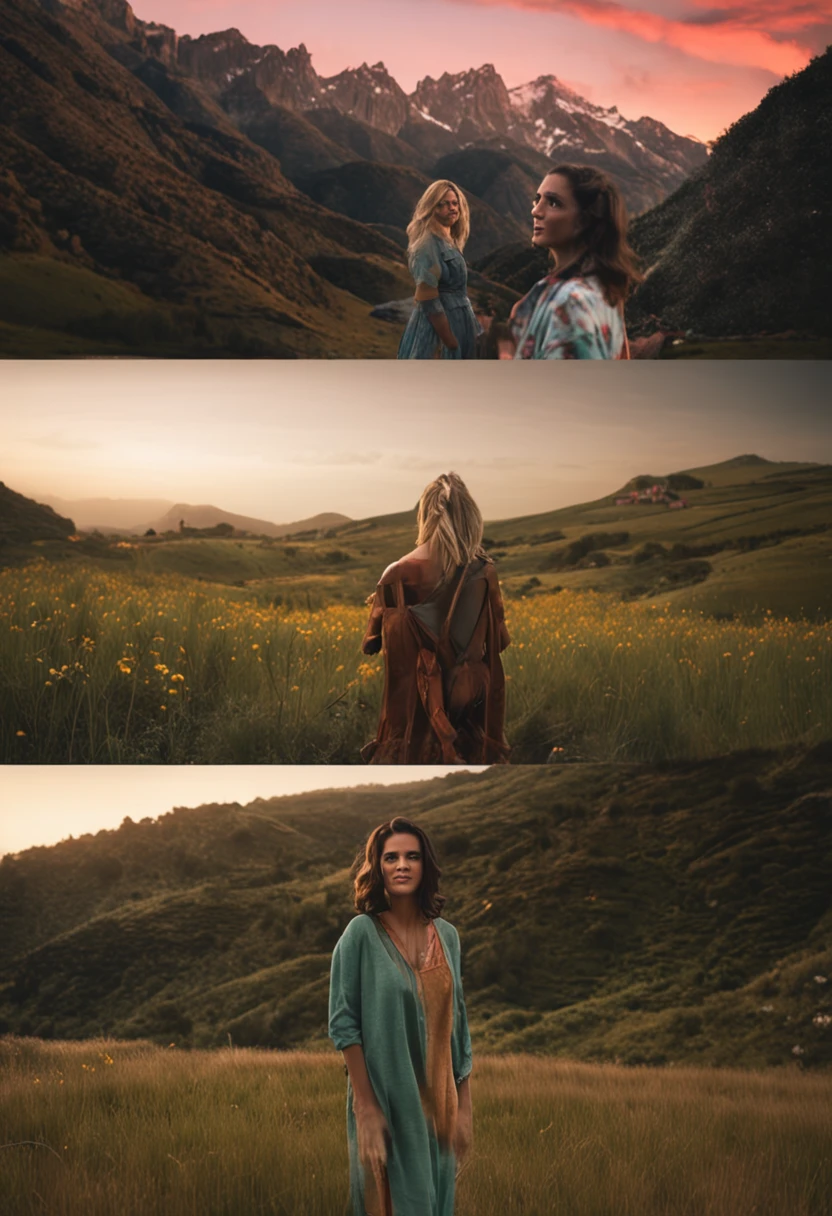 mulher: Sarah, aproximadamente 25 anos de idade, Disney-style medium hair, olhos verdes e sorrisos. mulher: Lana, 23 anos, longos cabelos pretos e olhos castanhos. scenecy: Sarah and Lana are in a cozy little house in the valley, ao fundo um dia ensolarado, Destacando o Sol.
