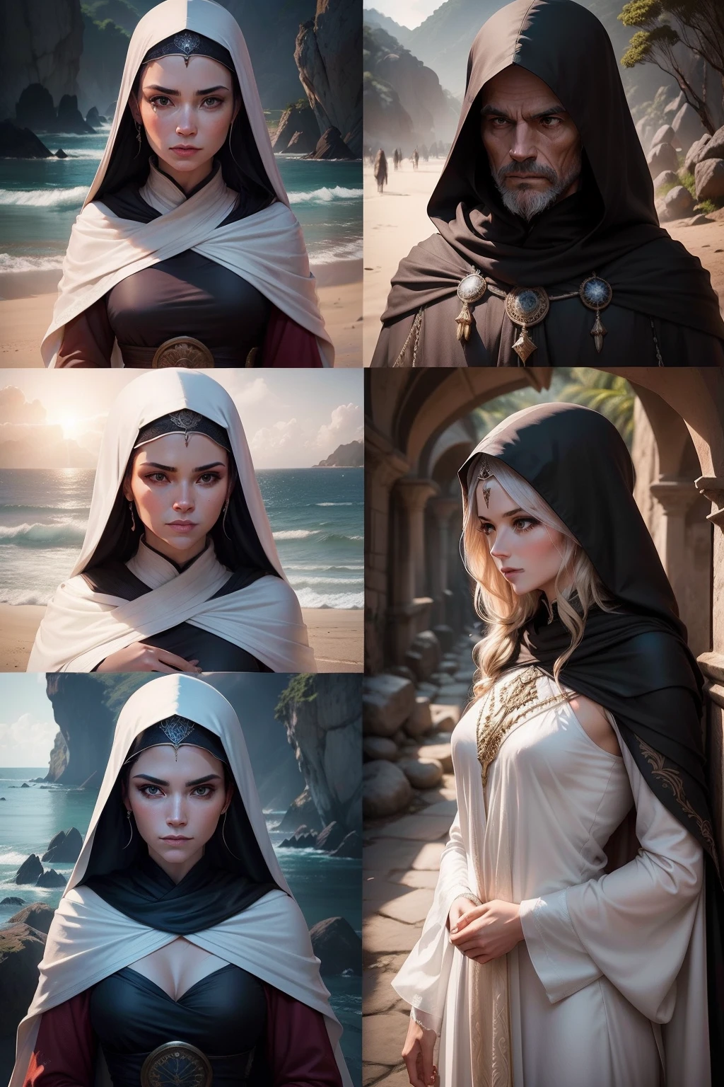 Generate image with details of the robes of the time: deborah, long cloak and veil, sentada em pedra sob palmeira. Baraque, armadura parcial, diante dela. Fundo montanhoso com luz suave filtrada. Expressions reflect the importance of the moment.