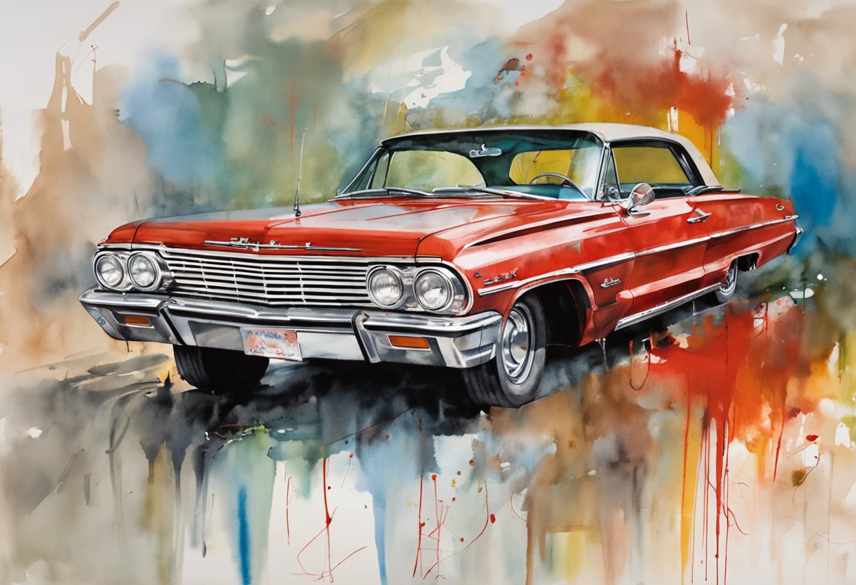 Red 1964 Chevrolet impala, city street background,  not extending to borders, corpo inteiro, Centrado, looking at the camera, Approaching perfection, Dynamic, luar, altamente detalhado, pintura em aquarela, art-station, arte conceitual, liso, foco nítido, illustration, arte de Carne Griffiths e Wadim Kashin