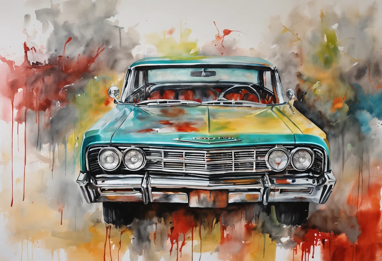 Red 1964 Chevrolet impala, not extending to borders, corpo inteiro, Centrado, looking at the camera, Approaching perfection, Dynamic, luar, altamente detalhado, pintura em aquarela, art-station, arte conceitual, liso, foco nítido, street background, illustration, arte de Carne Griffiths e Wadim Kashin