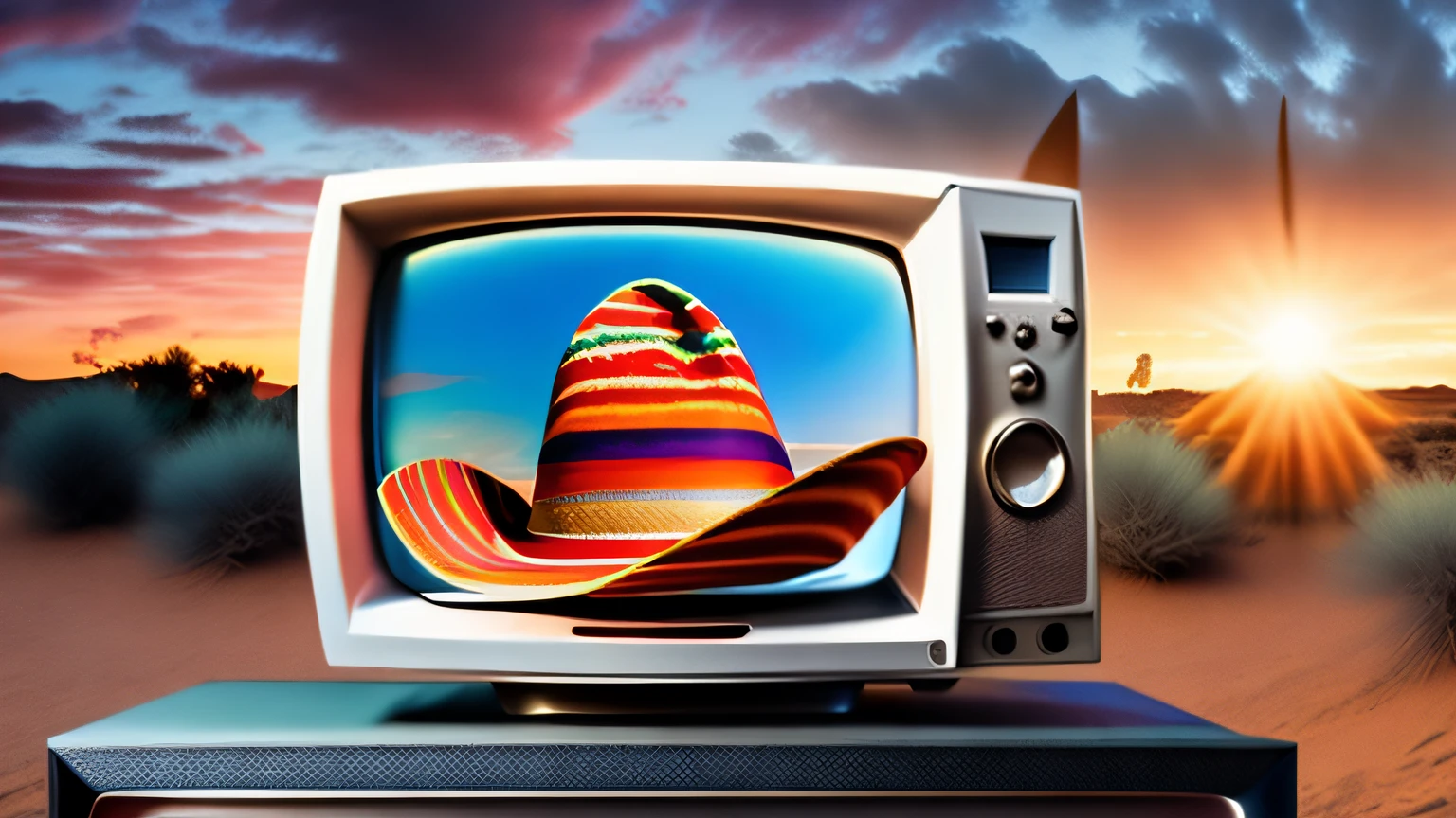 (A TV with a Mexican hat on top and a crowd of people happily watching it outside, on his screen, You can see many TV series)