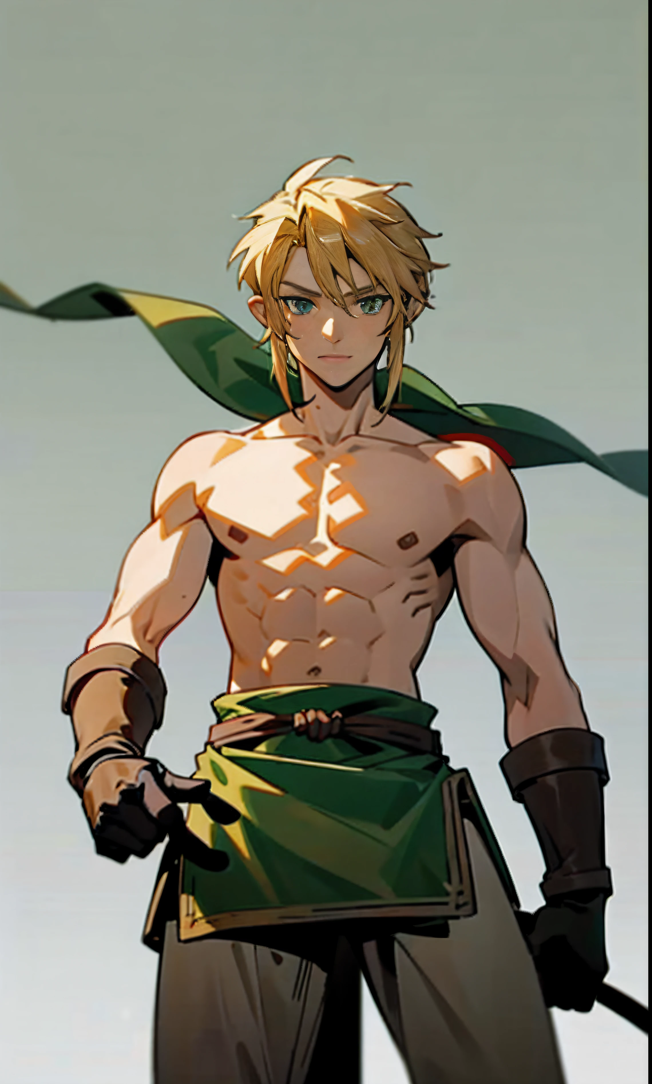 blond, tall, green-eyed guy, viking style, russian hero style, strong,  anime style, anime  , link, gloves, standing, topless , (muscular:0.5)(from above:0.4), plain background,(sport:0.2), (plain simple background:1.1),(smiling:0.4)