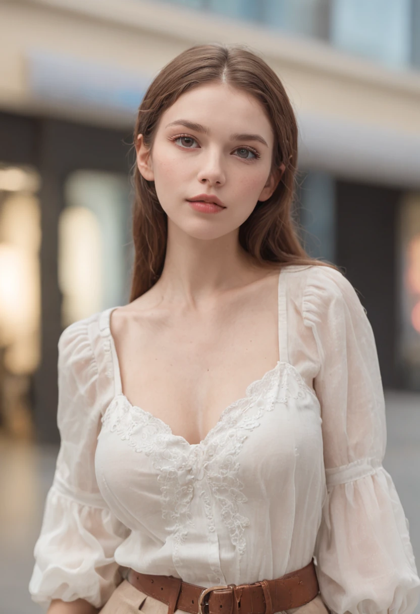 (Mikayla Demaiter) person posing in a mall clothing store, best quality, 1gril, blur background, bokeh, (mall:1.4). ((wearing a white shirt)), forfeous, beautiful detailed sky, (dynamic pose:1), soft lighting, wind, ((portrait:1.4))