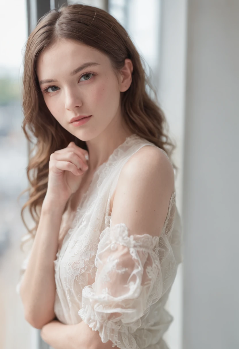 (Mikayla Demaiter) person posing in a mall clothing store, best quality, 1gril, blur background, bokeh, (mall:1.4). ((wearing a white shirt)), forfeous, beautiful detailed sky, (dynamic pose:1), soft lighting, wind, ((portrait:1.4))