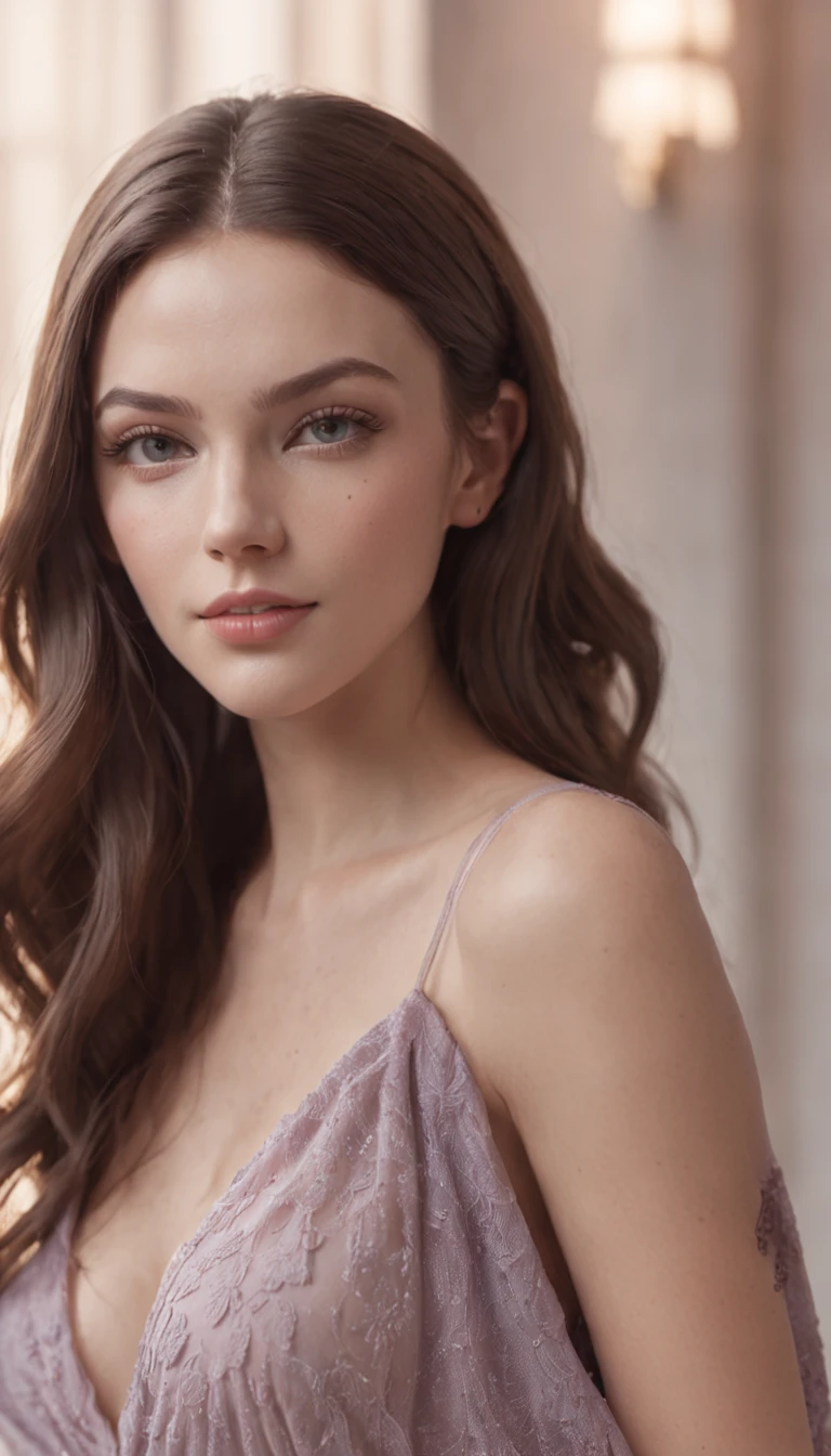 Produce an ultra-realistic Instagram model of a beautiful woman, long brown hair, blue eyes, soft skin, soft purple light in the background, standing on a modern apartment , The image has a high resolution of 4K, with soft, natural lighting that enhances the model's skin tones and the colors of their outfit, The render style is focused on realism and detailed textures, and the final result is a captivating portrayal of modern elegance.