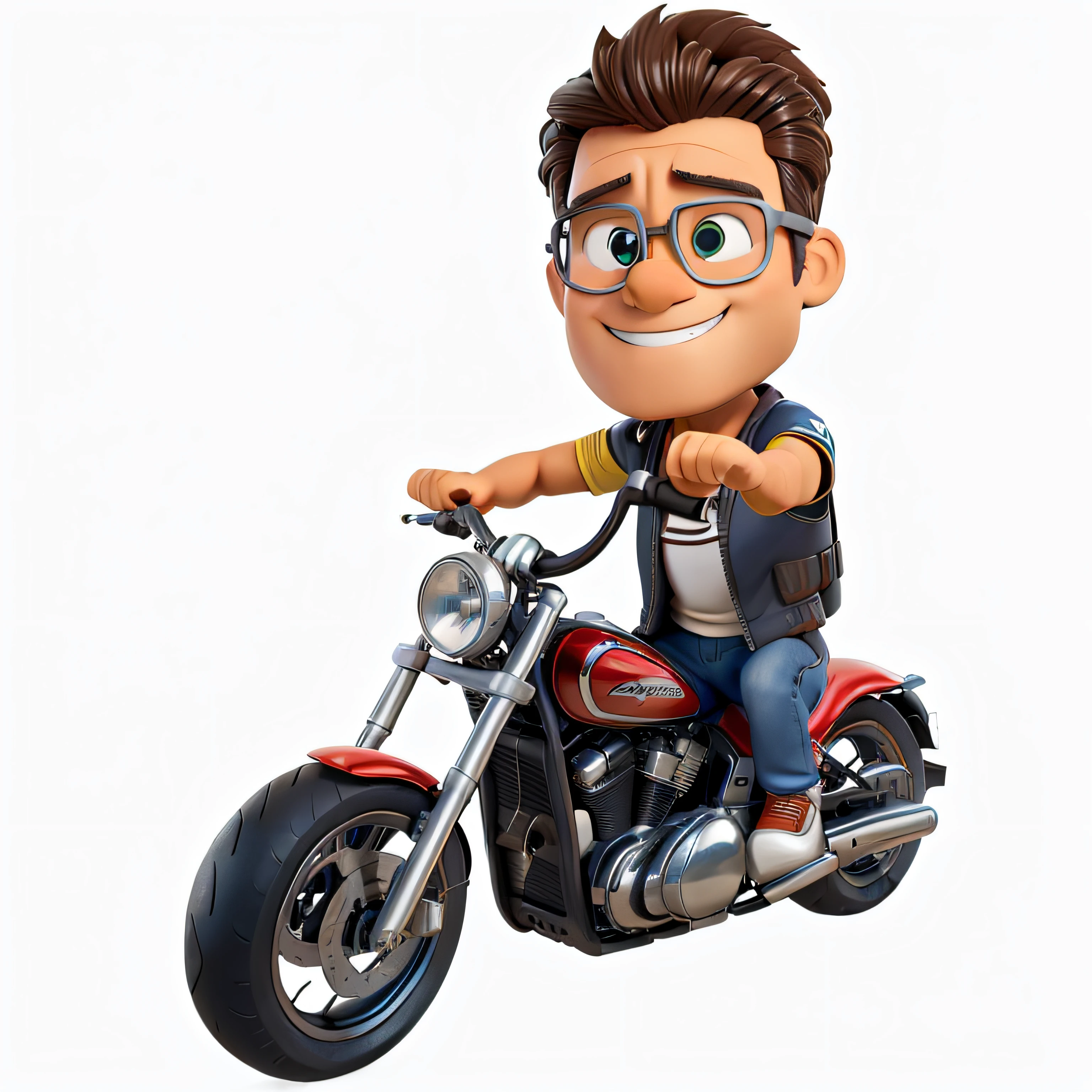 "homem com 35 anos, andando de moto, sorrindo, olhos totalmente abertos, sem bolsas nos olhos, highes definition"