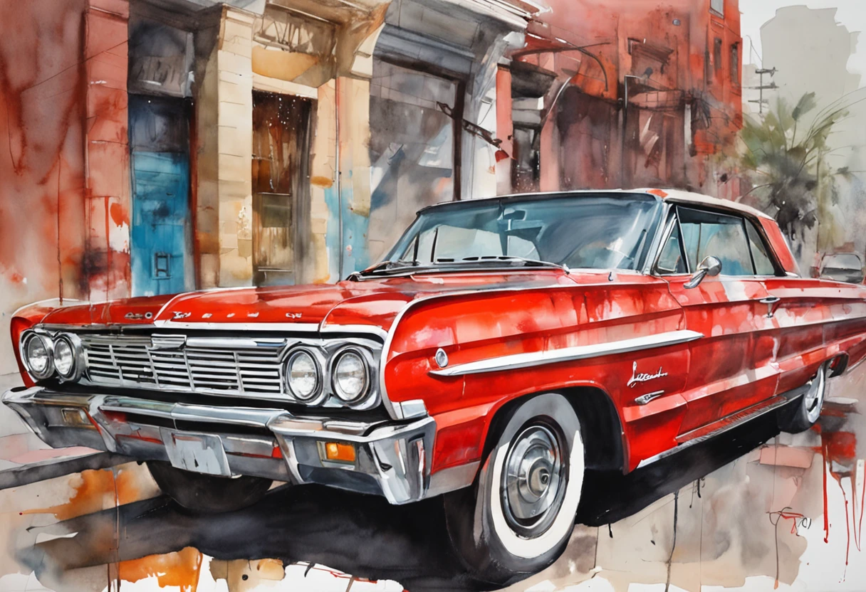 Red 1964 Chevrolet impala, city street background, not extending to borders, corpo inteiro, Centrado, looking at the camera, Approaching perfection, Dynamic, luar, altamente detalhado, pintura em aquarela, art-station, arte conceitual, liso, foco nítido, illustration, arte de Carne Griffiths e Wadim Kashin