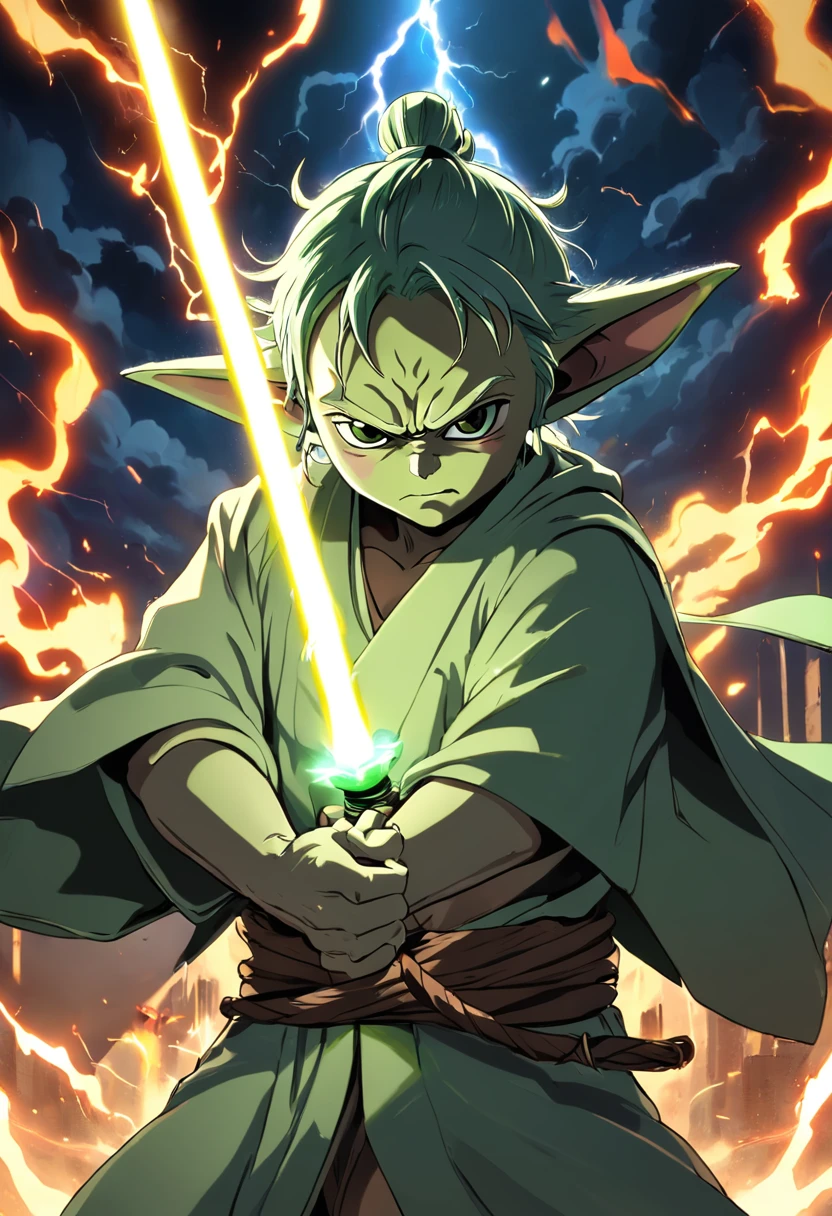 Yoda, surrounded by flames and lightning with thunder, segurando um sabre de luz verde