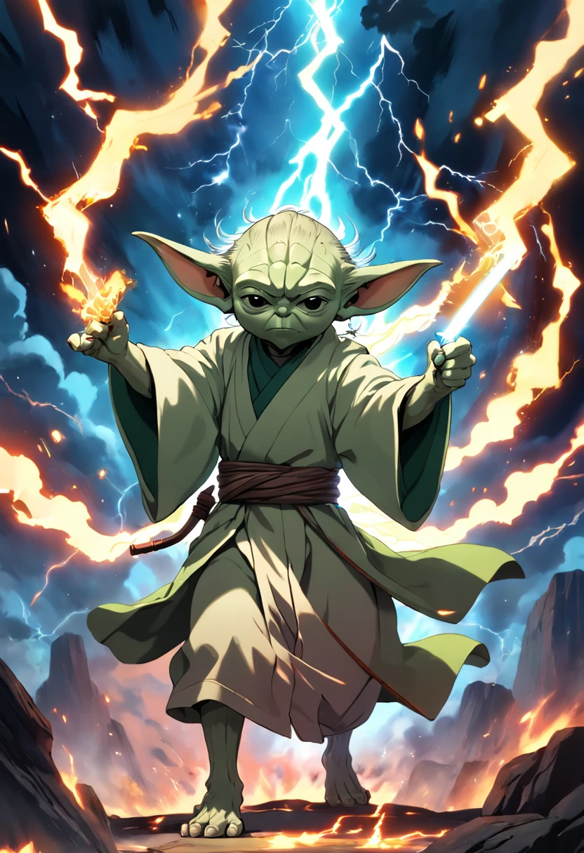 Yoda, surrounded by flames and lightning with thunder, segurando um sabre de luz verde