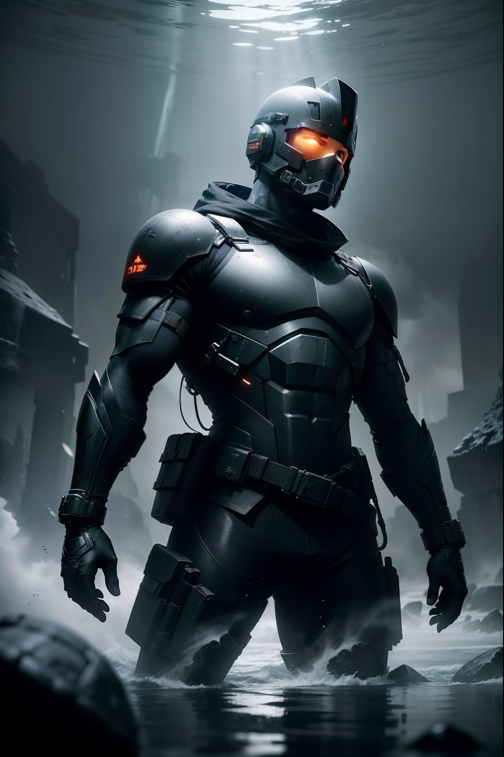 n this futuristic 8K and 3D representation, we are greeted by a soldier, poised in an attacking stance, scanning the foreboding horizon. The soldier's attire, primarily black, is adorned with striking hints of orange, forging a bold and menacing contrast. Their face remains concealed beneath an intricately sculpted helmet, shrouding the scene in an aura of mystery. The backdrop is submerged in profound darkness, casting a somber and oppressive atmosphere over this high-resolution three-dimensional depiction. The shadows deepen, accentuating the soldier's enigmatic and unwavering readiness, prepared to confront the unknown and the horrors concealed within the depths of the future.