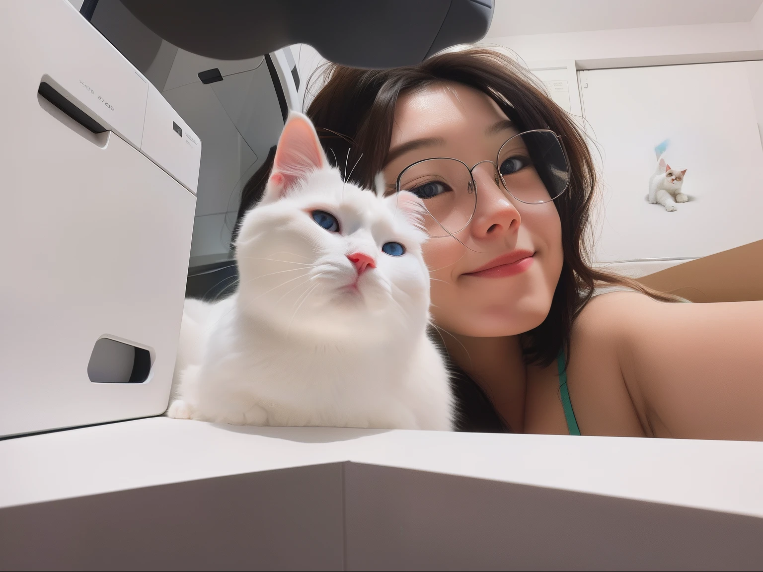 There is a woman holding a cat in front of the printer, taken with sony alpha 9, big cheeks holding her cat, there is a cat next to her, cat photo, taken with canon eos 5 d mark iv, White ( cat ) Girl, is looking at the camera, She is facing the camera,