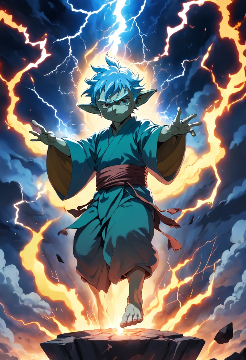 Yoda, surrounded by flames and lightning with thunder, Using Force to levitate a stone