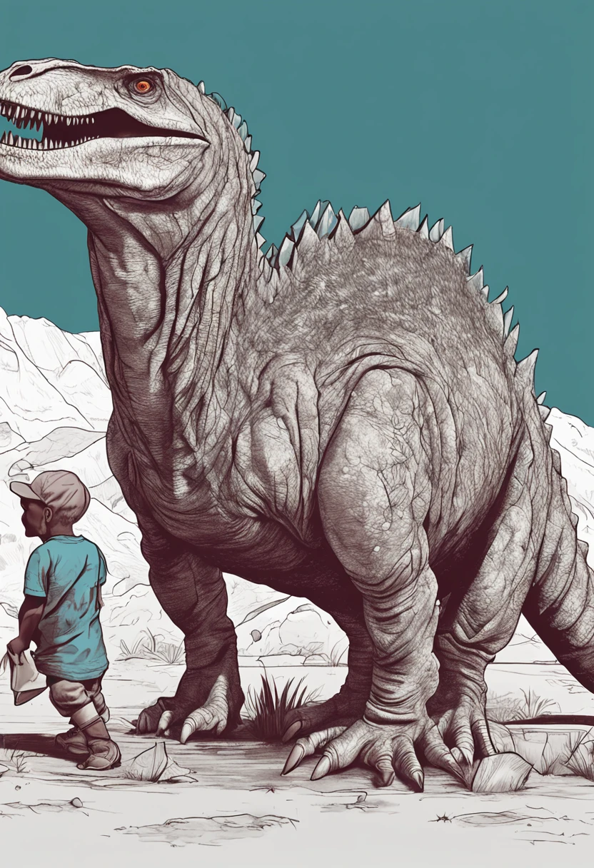 A dinosaur sits a wolf on its shoulder