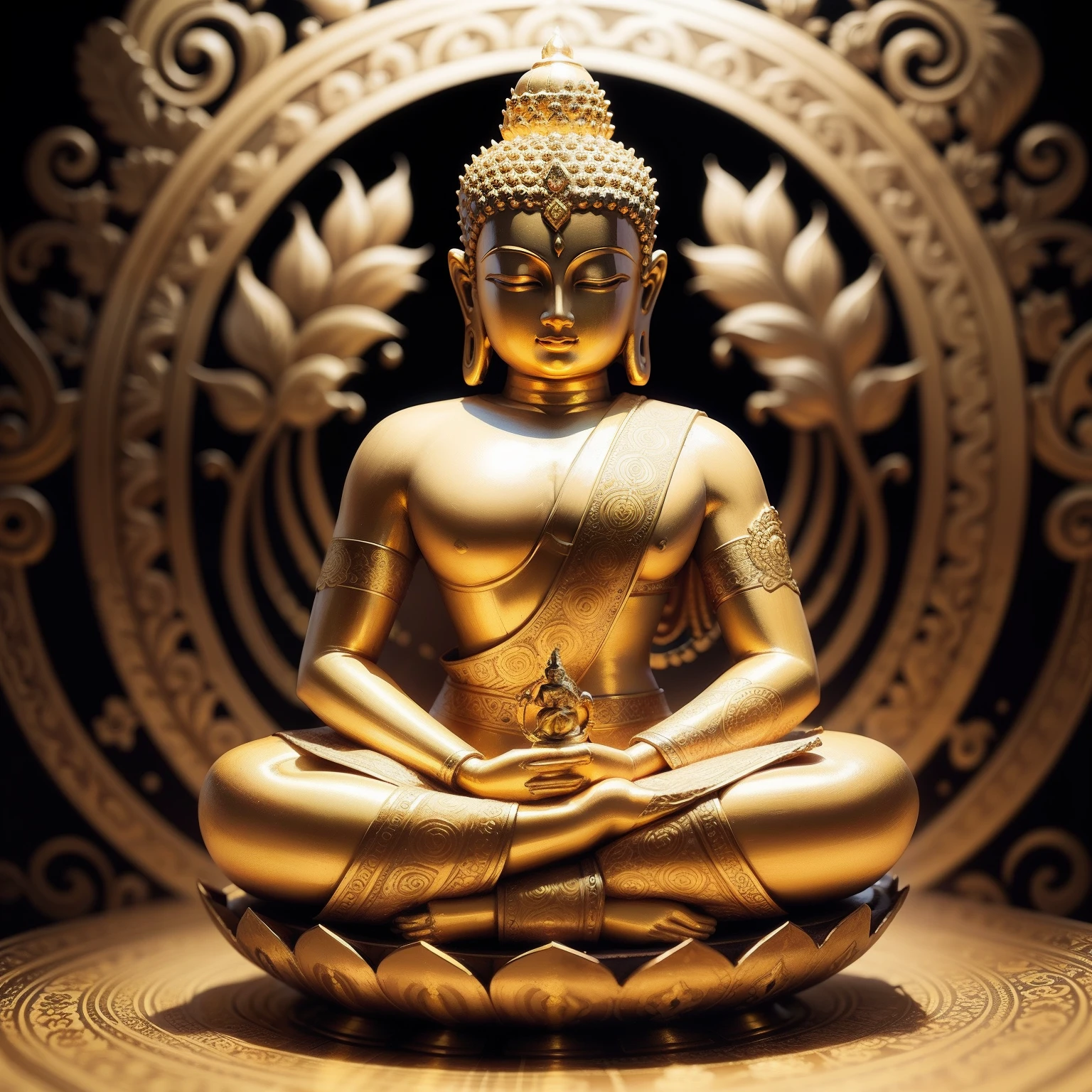 Buddha statue meditating on alien accessories, sitting on a huge lotus cross-legged, 1 man, (optical disc behind head: 1.5), (alien technology background: 1.5), movie, octane rendering, (photorealistic: 1.4), (best quality: 1.0), (ultra high definition: 1.0), 8k, RAW photography, (masterpiece: 0.2), ultra detailed, golden, sparkling, mysterious