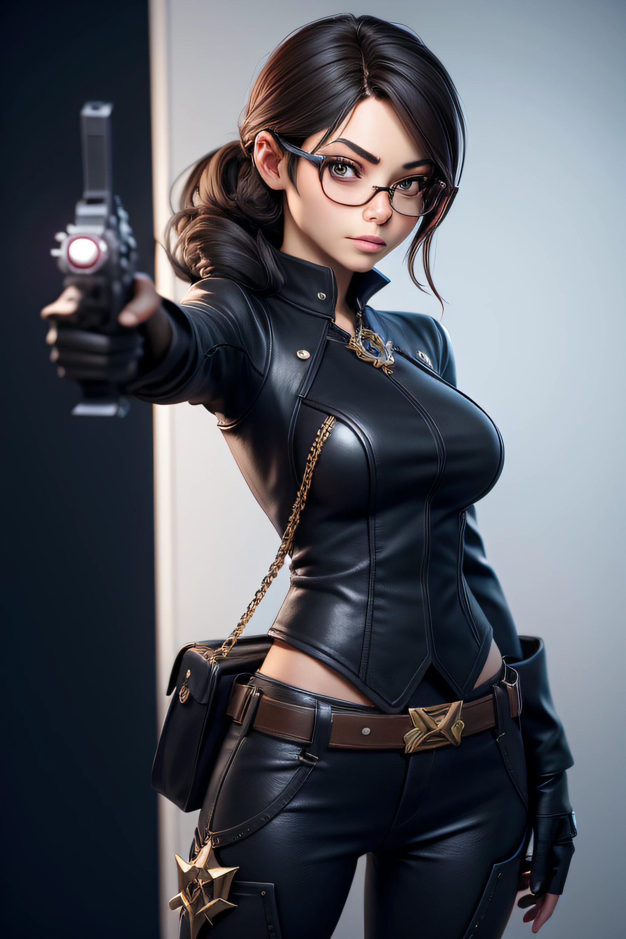 kristin kreuk en Trinity (Matrice) with reflective dark glasses. queue de cheval. She points her revolver at the camera. master piece, beste-Qualit, Travail de rendu 3d, Style 3DMM, 3d. (beste-Qualit: 0,8), perfect anime illustration, ,(tmasterpiece), digital portrait, Digital cartoon, Illustration WikiHow