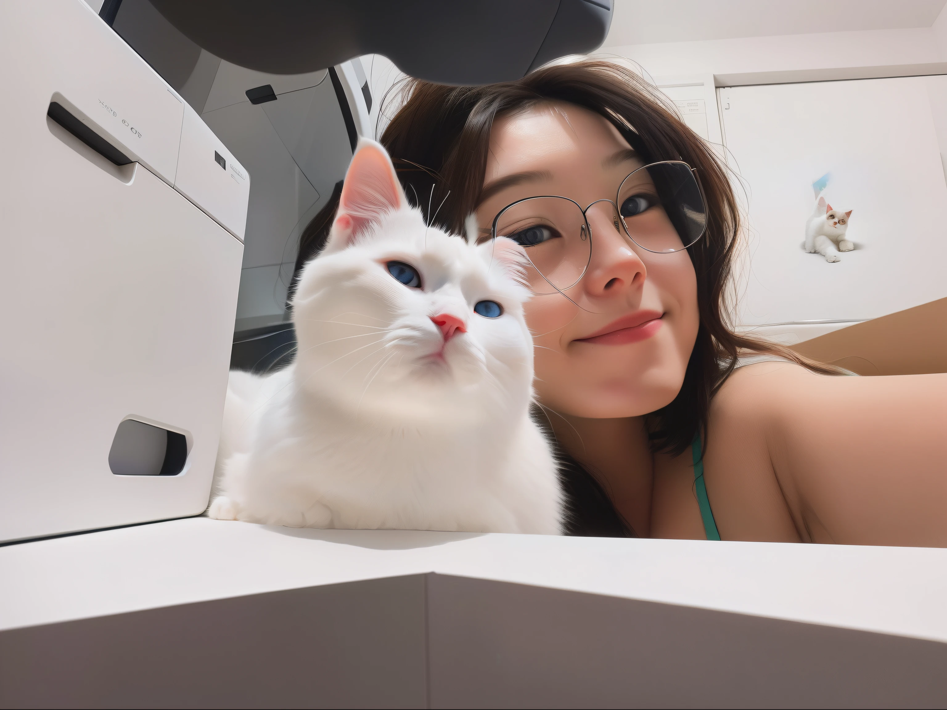 There is a woman holding a cat in front of the printer, taken with sony alpha 9, big cheeks holding her cat, there is a cat next to her, cat photo, taken with canon eos 5 d mark iv, White ( cat ) Girl, is looking at the camera, She is facing the camera,