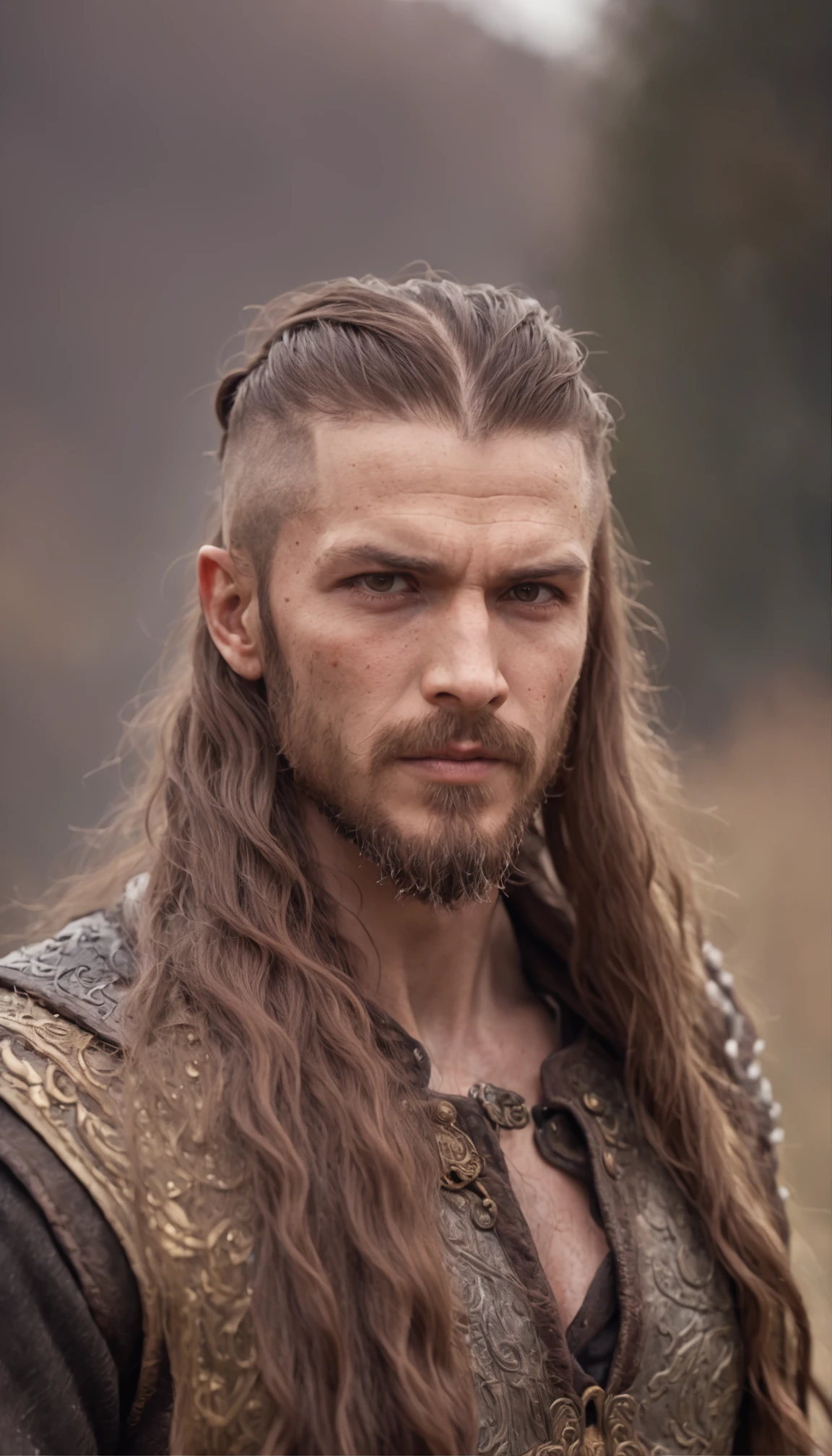 man long hair shaved on the side, stylish beard and woman long hair, golden eyes, shouting, vikings super strong, muscular, leather clothing, viking tattoos, a background village,falling snow, 35mm lens, photography, ultra details, precise texture details HDR, UHD,64K,