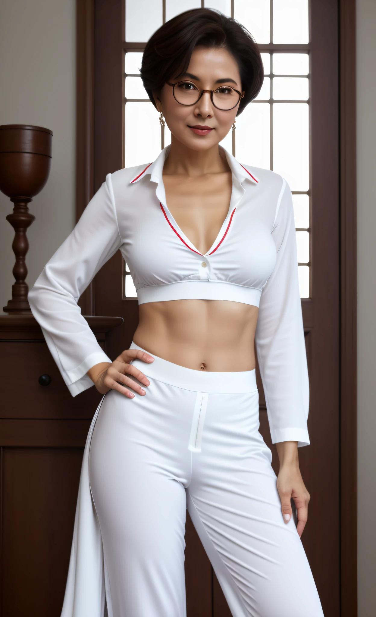 hands closed into fists on hips , older elderly spectacled woman in a skimpy midriff-shirt and very low-rise pants severely facing her slaves, unglued unbuttoned midriff-shirt, succinct crop shirt and normal tummy with a little flab, succinct white uniform, brazenly skimpy clothing, in belly-baring clothes, wearing a sexy cropped top with deep V-neck, smooth white tight clothes suit, full body close-up shot, waist - shot, close body shot, white silky skimpy outfit, a beautiful brazen elderly sexy woman