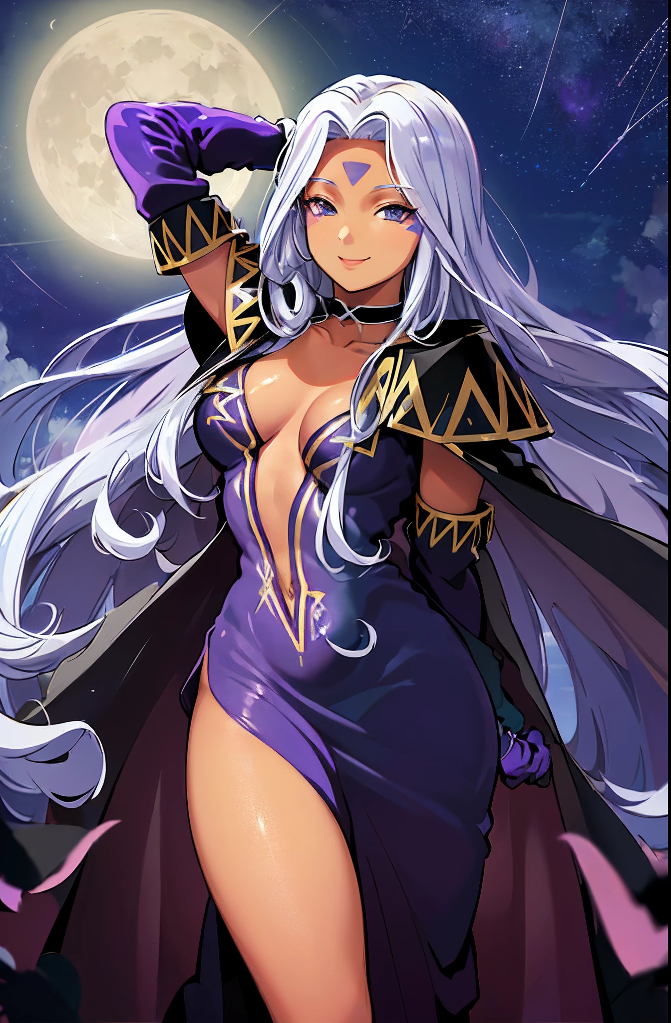 ((masterpiece,best quality, detailed)), night, night sky, (moon:0.9), cloud, outdoors, standing, from above, urd \(aa megami-sama\), facial mark, forehead mark, elbow gloves, choker, bracelet, (cape), purple dress, smile, retro artstyle