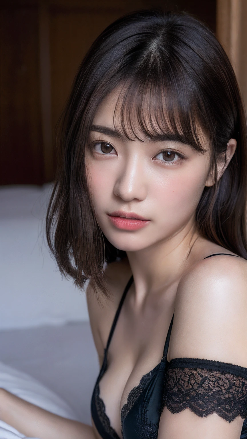 ((Realistic lighting、top-quality、8K、masterpiece:1.3))、Clear focus:1.2、1girl in、beauty with perfect body:1.4、Slim abs:1.1、((dark brown hair、Colossal tits:1.3))、(Wearing ultra-thin black lace underwear:1.4、Gray stockings:1.2、)、(outside of house、Daytime:1.1)、the city street、Super fine face、Narrow-eyed、二重まぶた、Put your hands on your head、lying on one's side on bed、Open your crotch、Seduce me with a sexual expression、Detailed mouth、18Japan 、