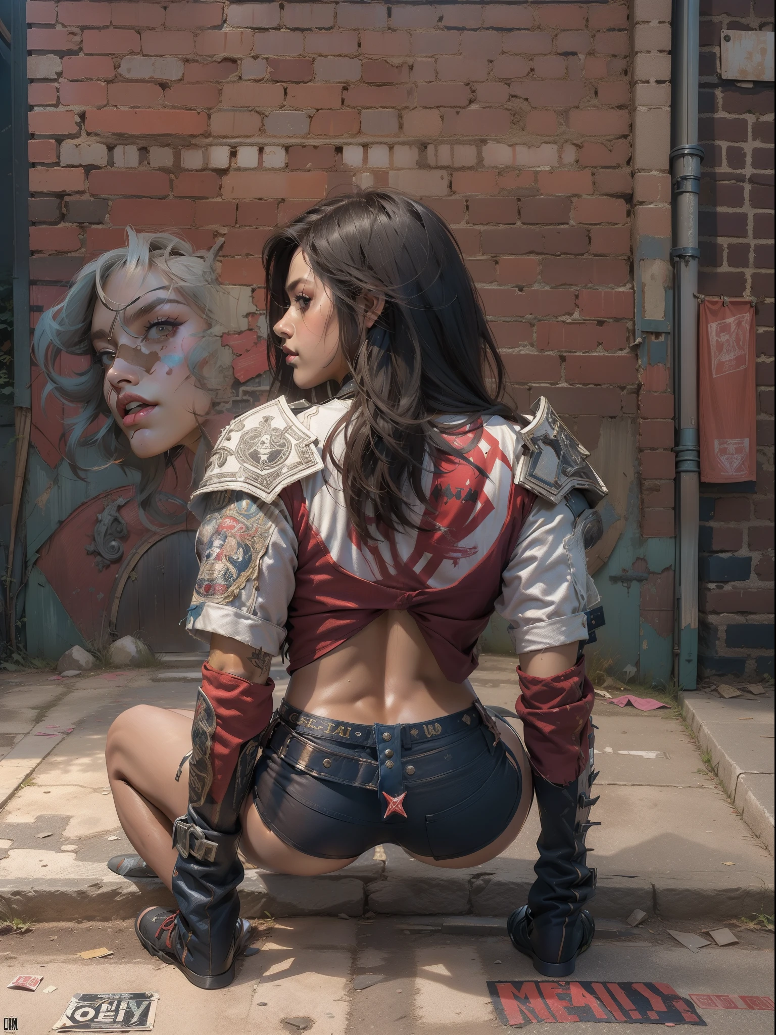 (((mulher))), (((melhor qualidade))), (((obra prima))), (((adulto))), (((1girl))), ((( de costas ))), ((( corte de cabelo bob ))), Uma gladiadora cyberpunk mulher de 25 s com corpo perfeito, ((( Back view ))), ((( but), shoulder pads with metal spines, Gladiadores do Brooklyn, (( corte de cabelo bob )), tiny leather pantieseta de time de rugby rasgada, quase nua no estilo selvagem urbano de Simon Bisley para a capa da revista Heavy Metal, Cabelo loiro curto, Minimum clothing, Metal protection on the left arm with intricate graphics, Dark red with white stars and white and navy blue checkerboard pattern, armadura, cheio de pontas e rebites, (((do joelho pra cima))), cabelos loiro branco curto, no fundo uma parede pintada por Shepard Fairey com um design intrincado