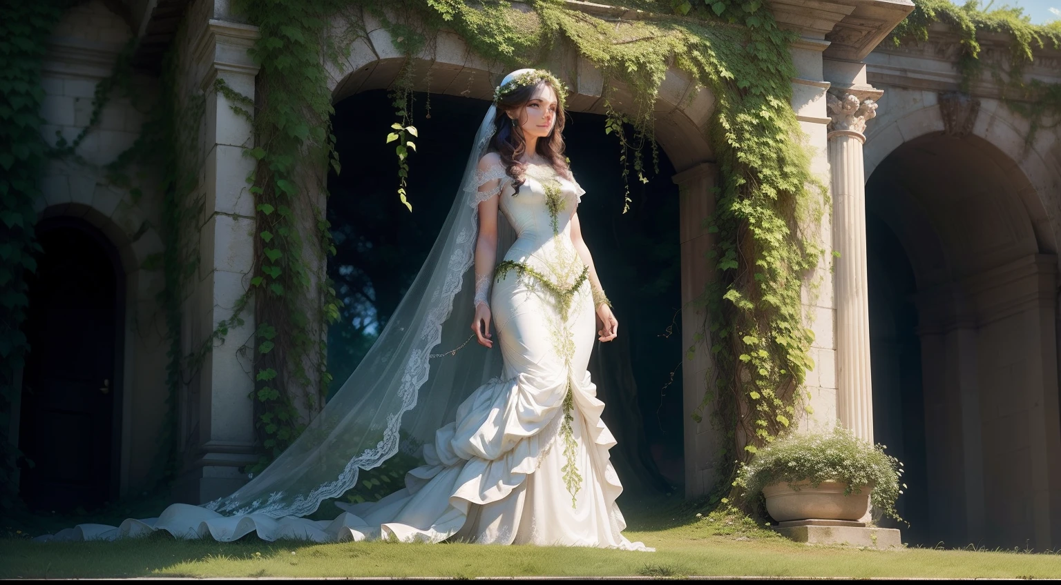 A woman stands atop a hill, her arms outstretched, ivy vines cascading down her body, a symbol of her protection of marriage and women.