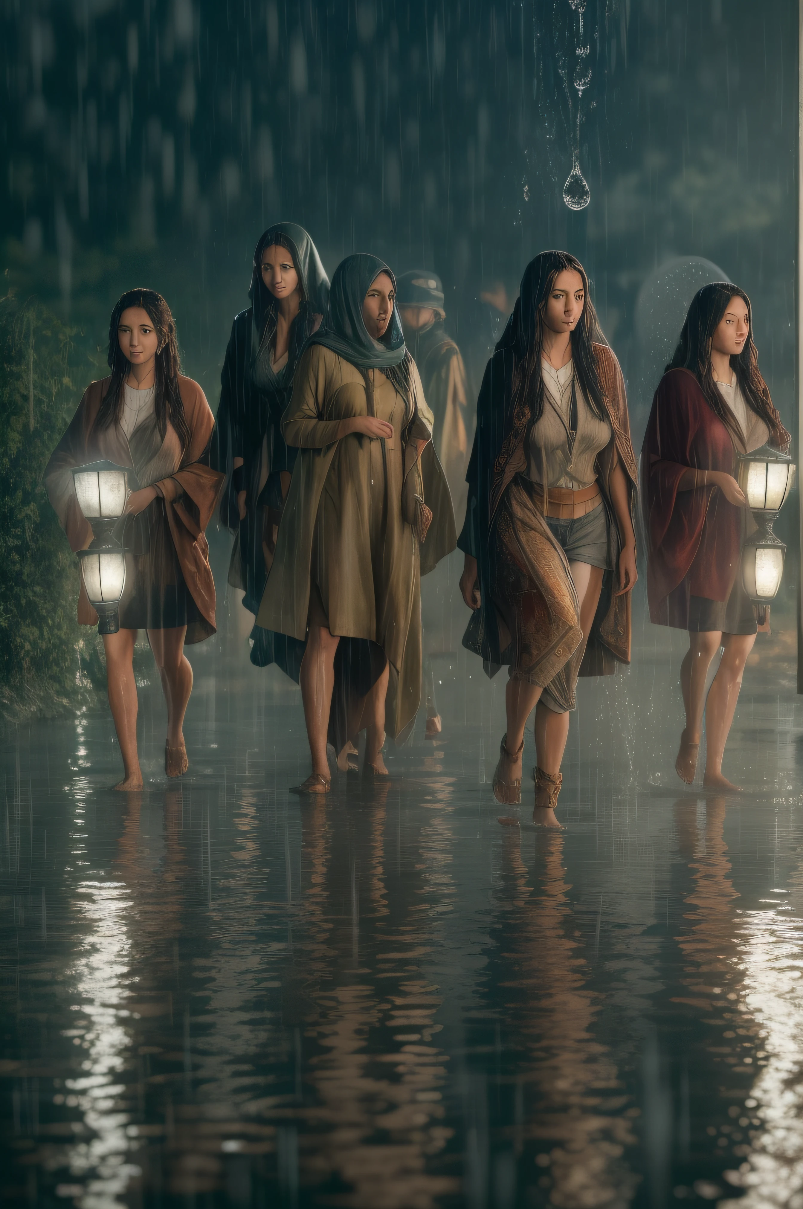 Ten women with exceptionally long hair and huge breasts in the Third World War. Dressed on a very wet short poncho super detailed photography, Play of light in the sun rain, downpour, ((a drop of water falling from a height onto the surface of the water)), splashes, , luminism, intricate, 4k concept art volumetric light, unrealistic engine, global illumination, detailed environment