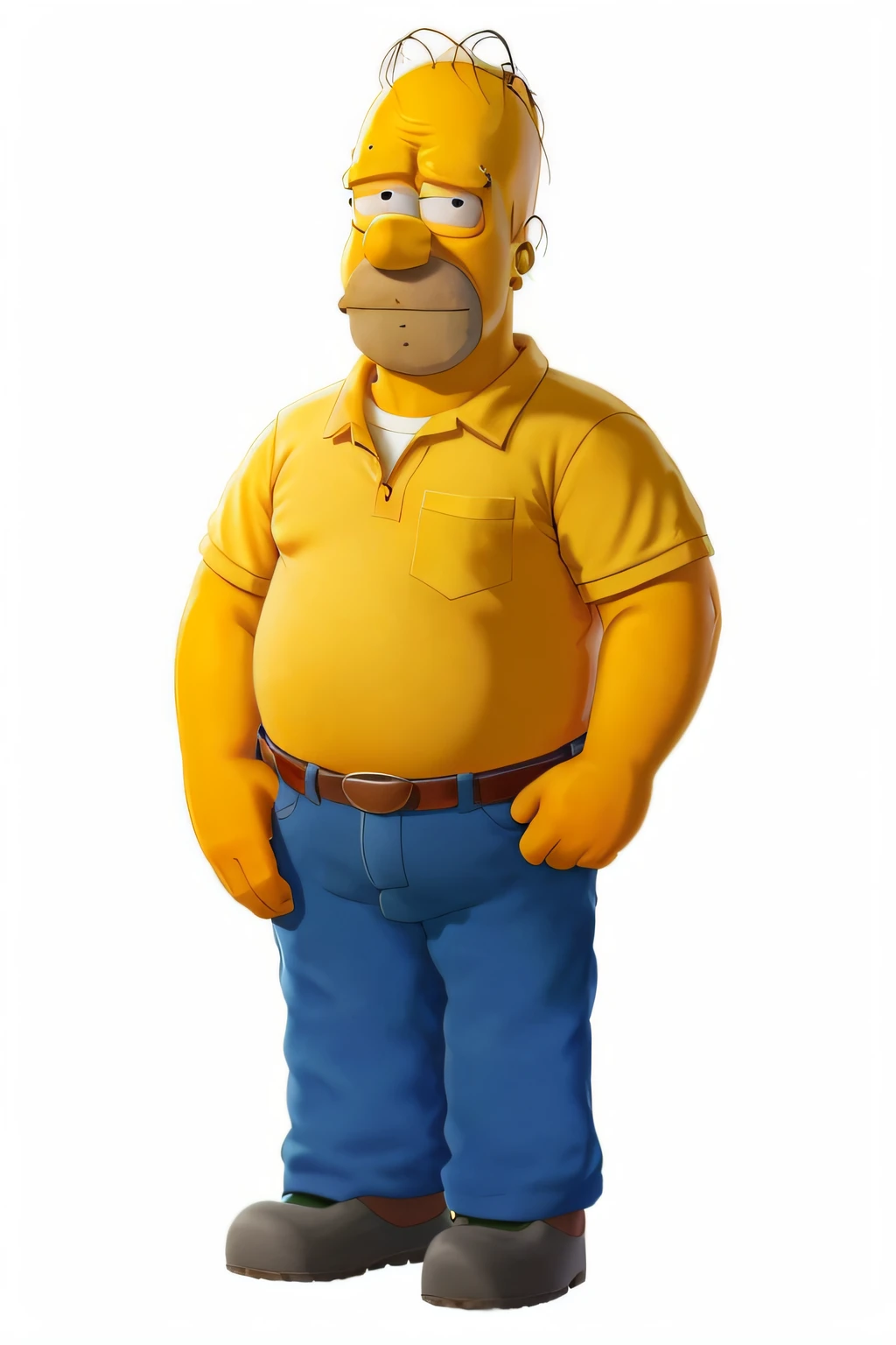 a cartoon character of a man in a yellow shirt and blue pants, Homer Simpson fotorrealista, Homer Simpson como uma pessoa real, 3d render de Homero Simpson, Como se Homer Simpson ganhasse vida, homer simpson lookalike, estilo Homero Simpson, Homero Simpson, Retrato de Homer Simpson, Homer Simpson da vida real, Homer Simpson da vida real, Homer Simpson na vida real